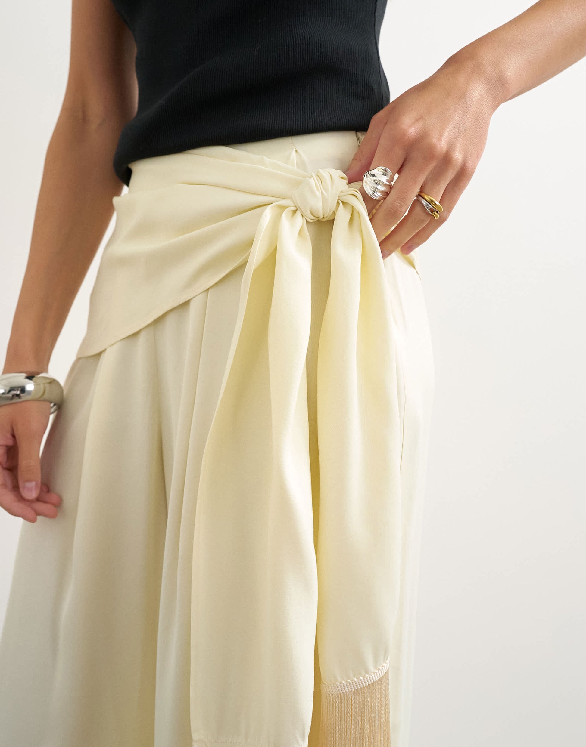 Topshop satin feel wrap co-ord trouser with fringe detail in cream