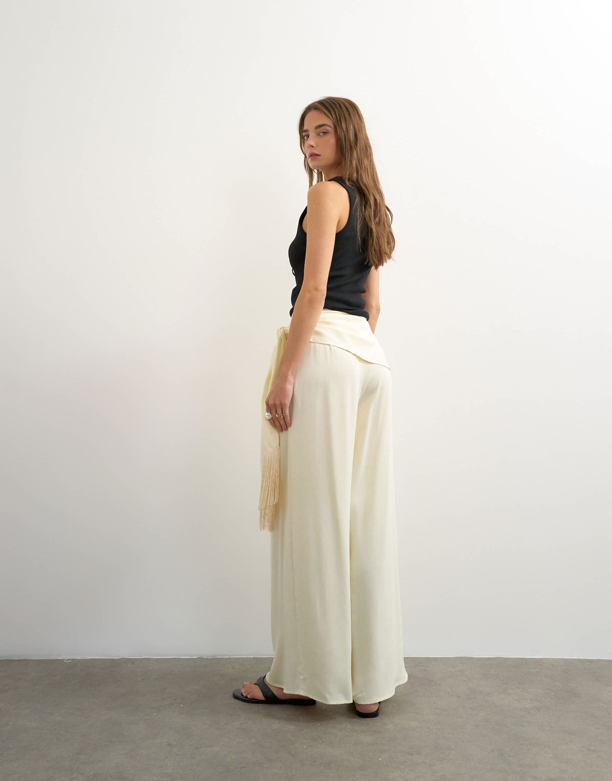 Topshop satin feel wrap co-ord trouser with fringe detail in cream