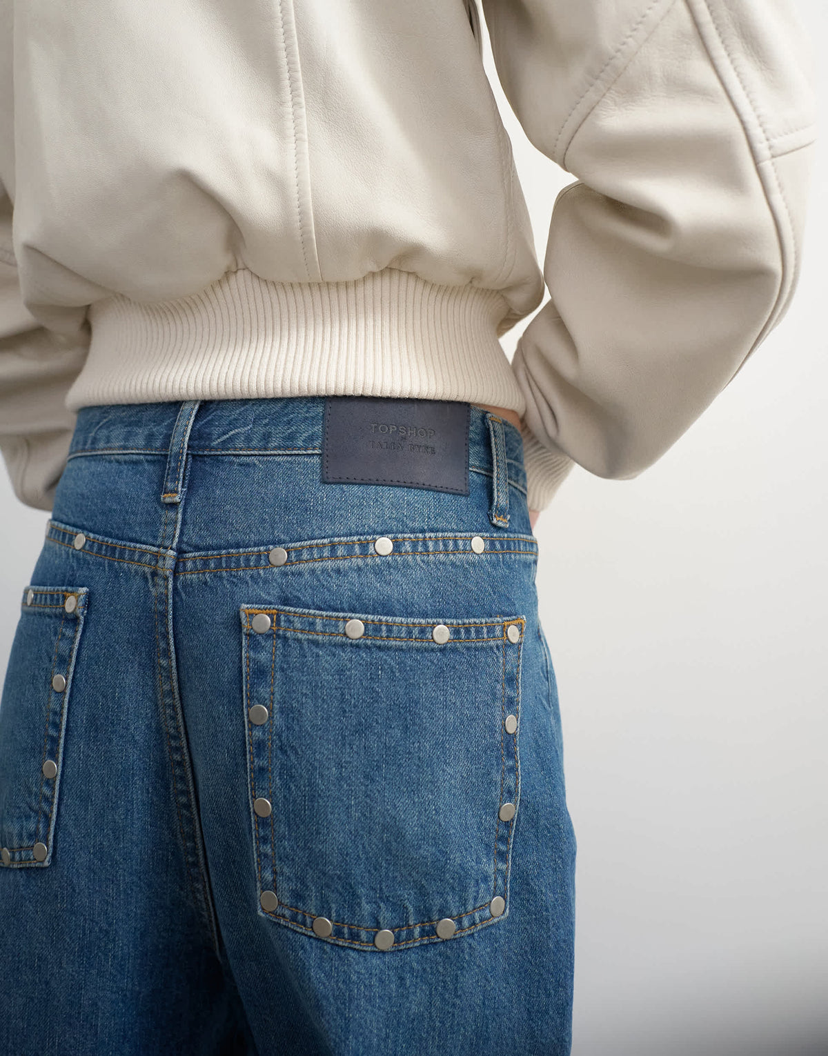 Topshop x Talia Byre straight leg studded jeans in washed blue