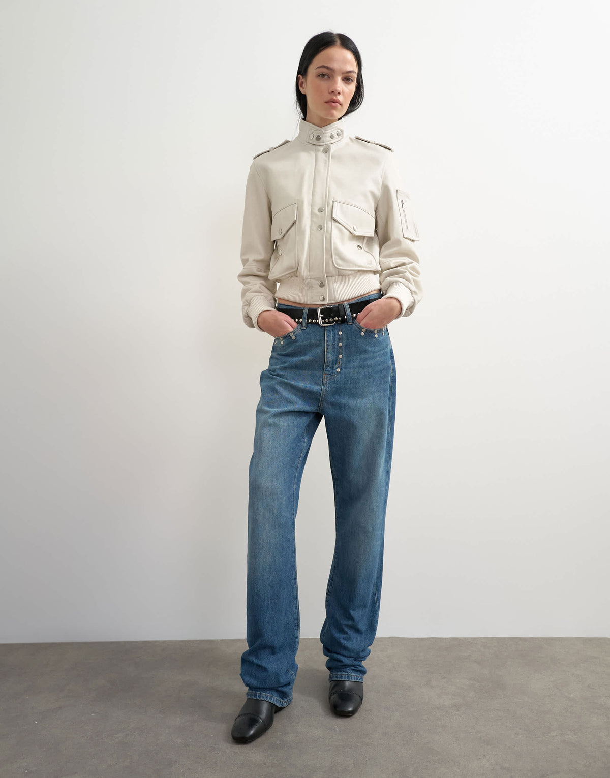 Topshop x Talia Byre straight leg studded jeans in washed blue