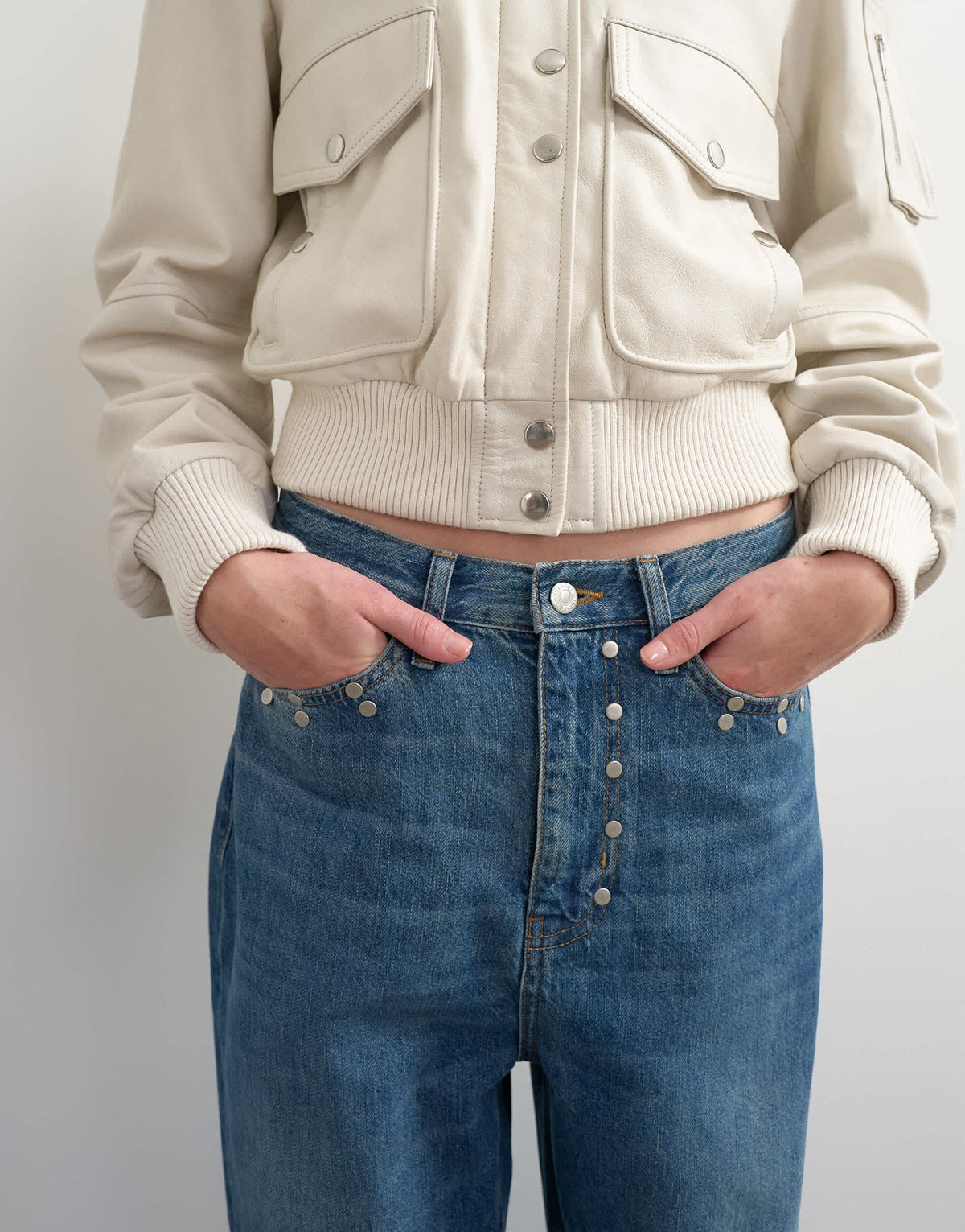 Topshop x Talia Byre straight leg studded jeans in washed blue