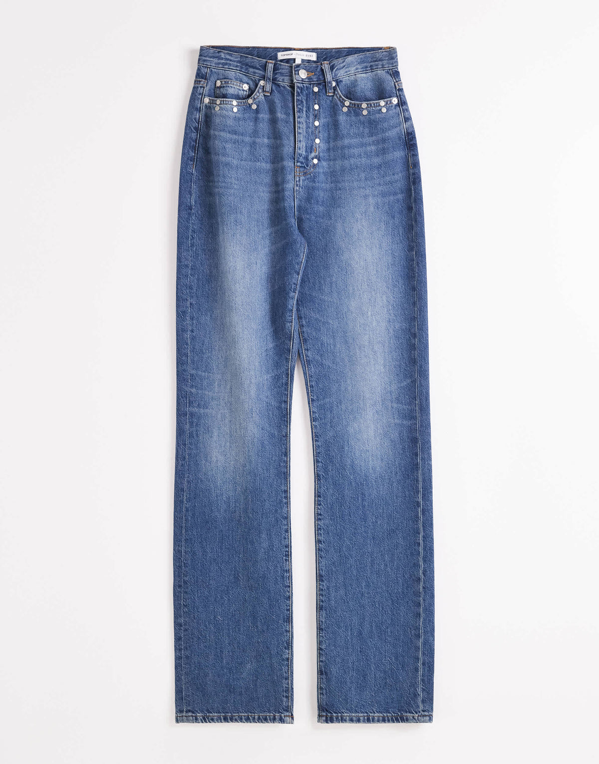 Topshop x Talia Byre straight leg studded jeans in washed blue