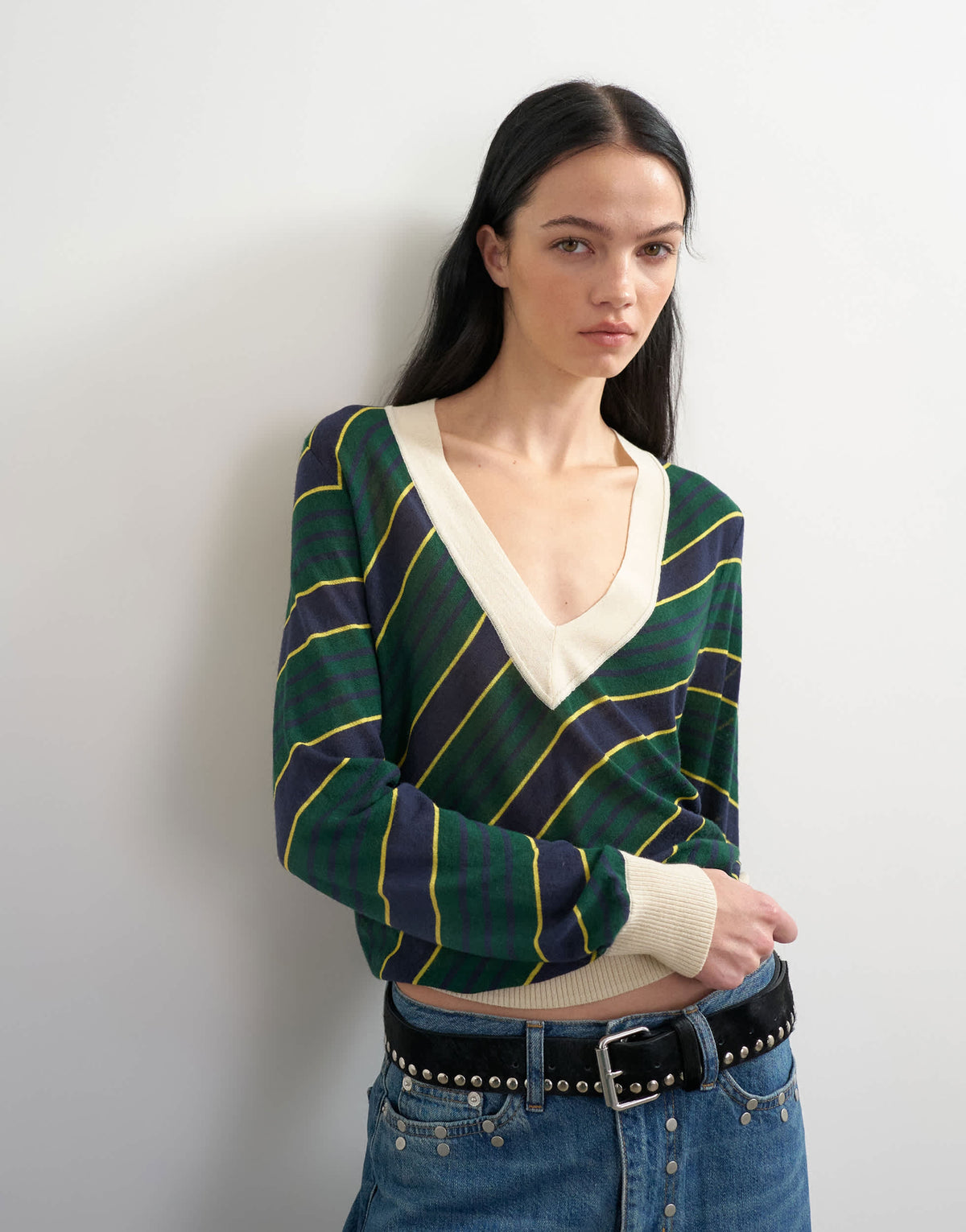 Topshop x Talia Byre semi sheer merino wool v neck jumper in green stripe