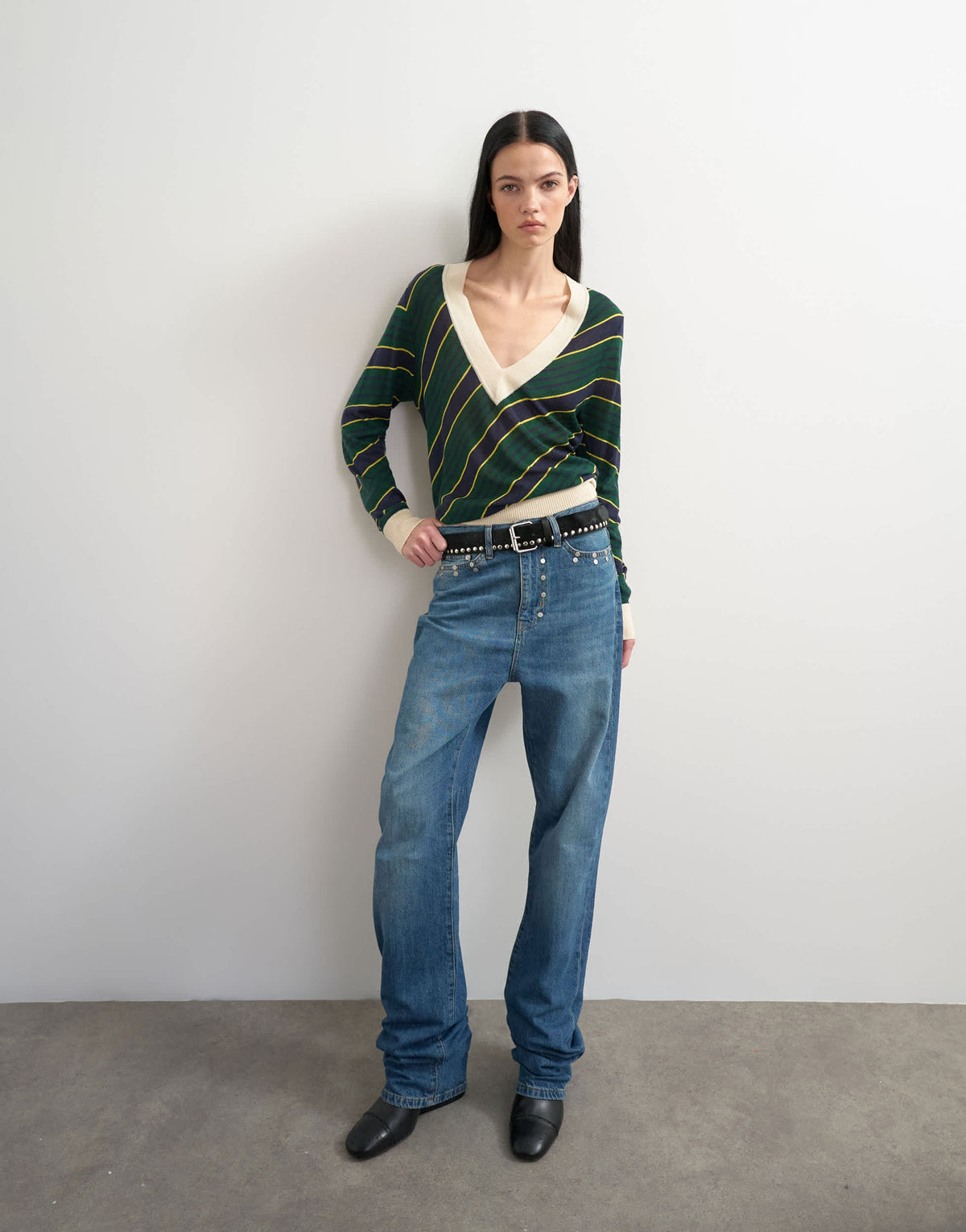 Topshop x Talia Byre semi sheer merino wool v neck jumper in green stripe