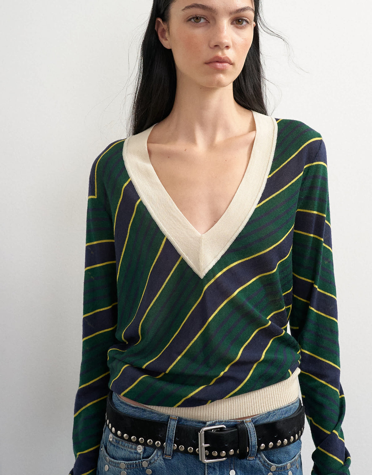 Topshop x Talia Byre semi sheer merino wool v neck jumper in green stripe