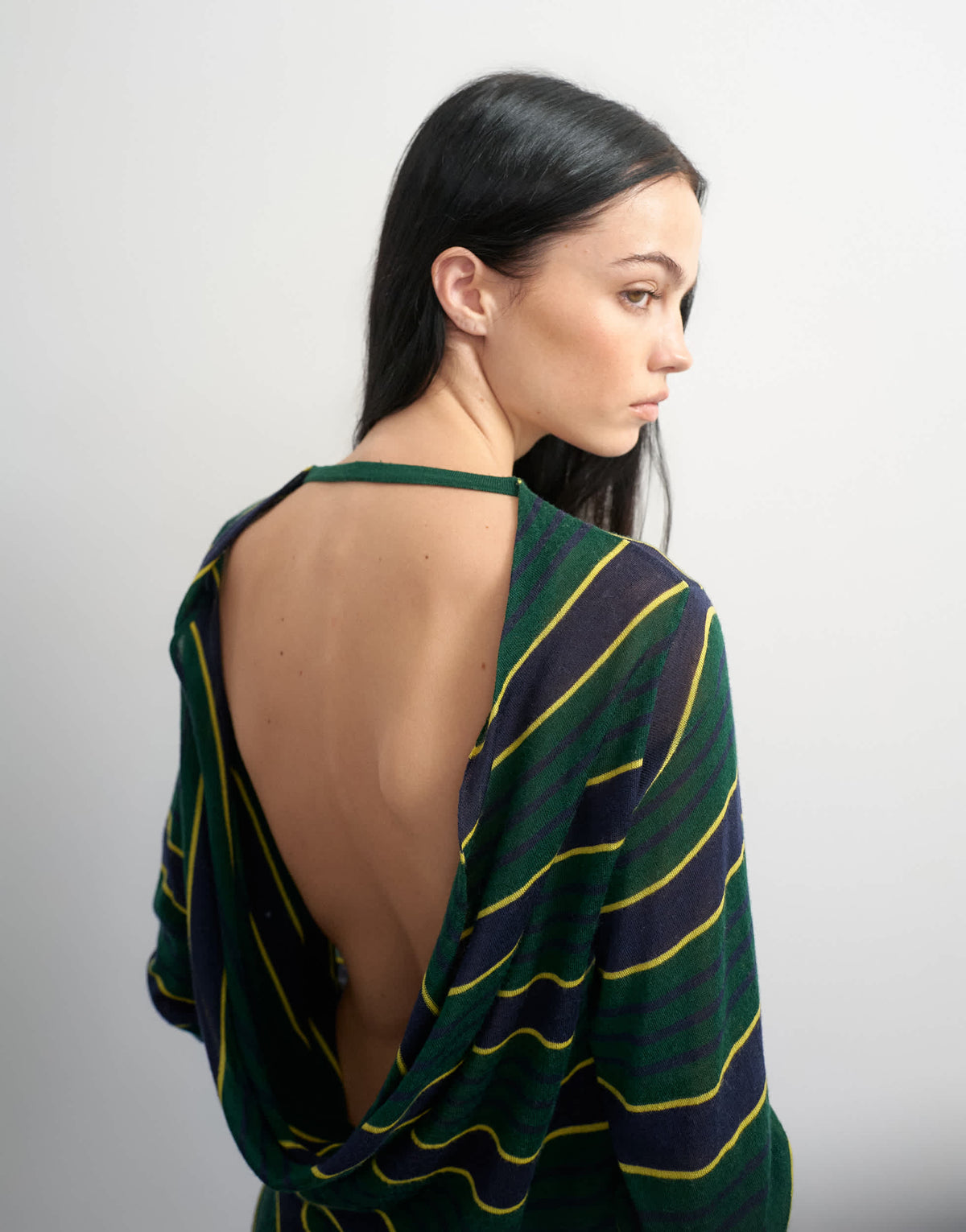 Topshop x Talia Byre semi sheer merino wool cowl back dress in green stripe