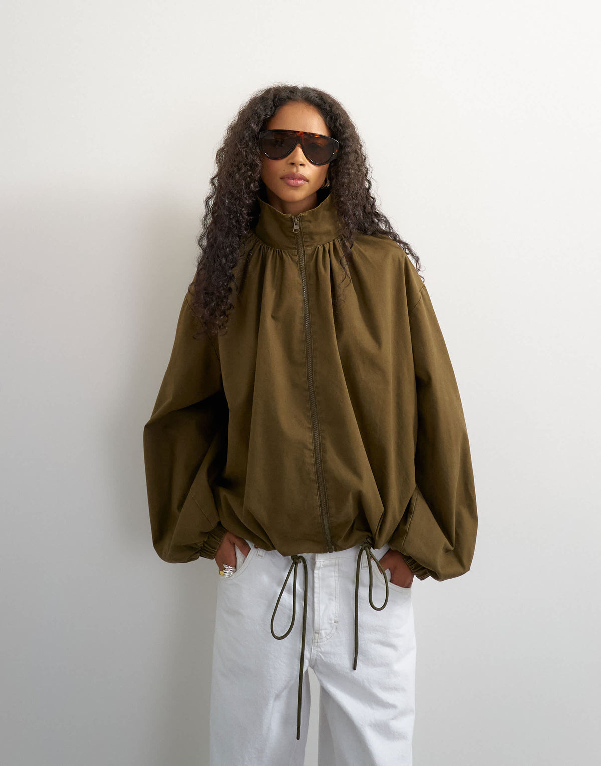 Topshop pleated funnel neck anorak in khaki