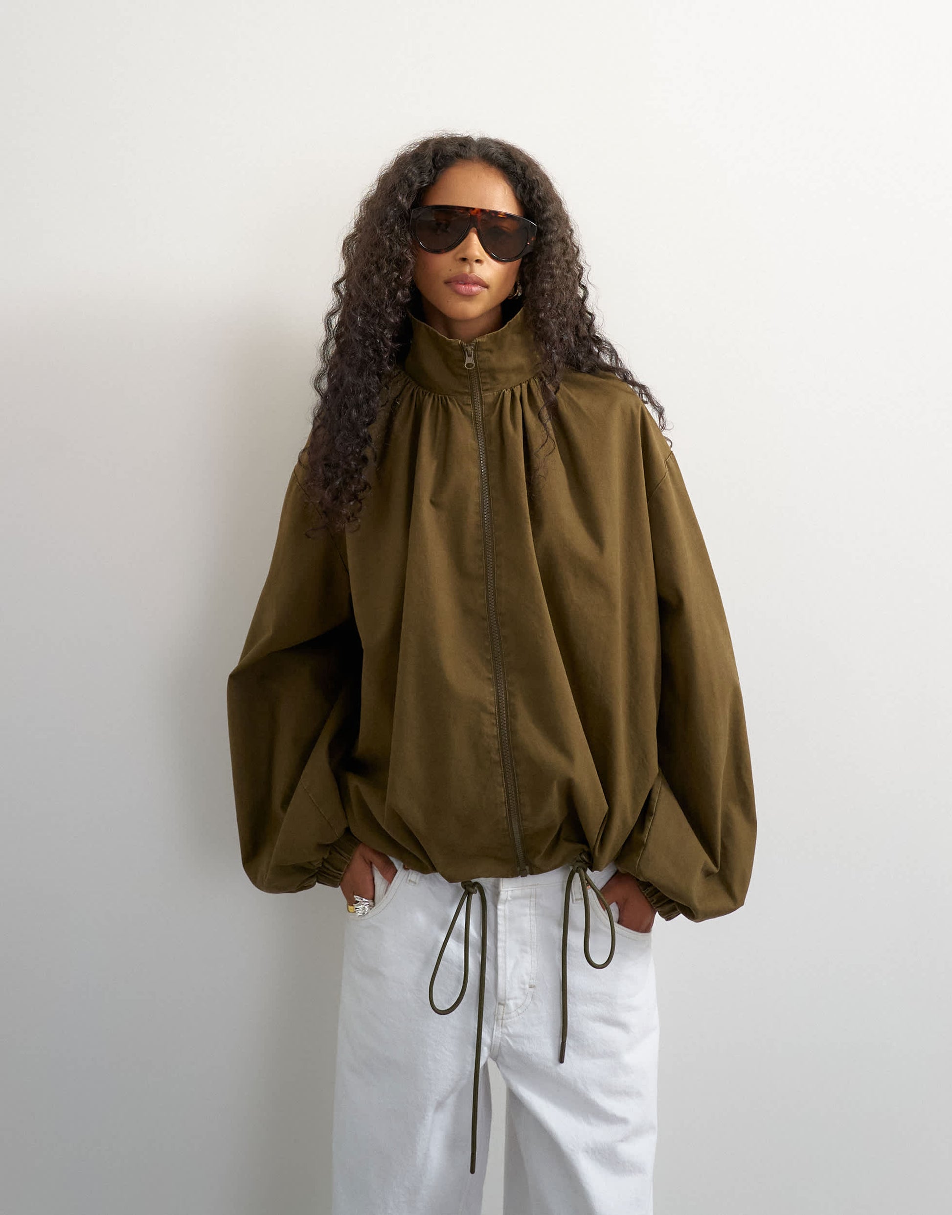 Topshop pleated funnel neck anorak in khaki