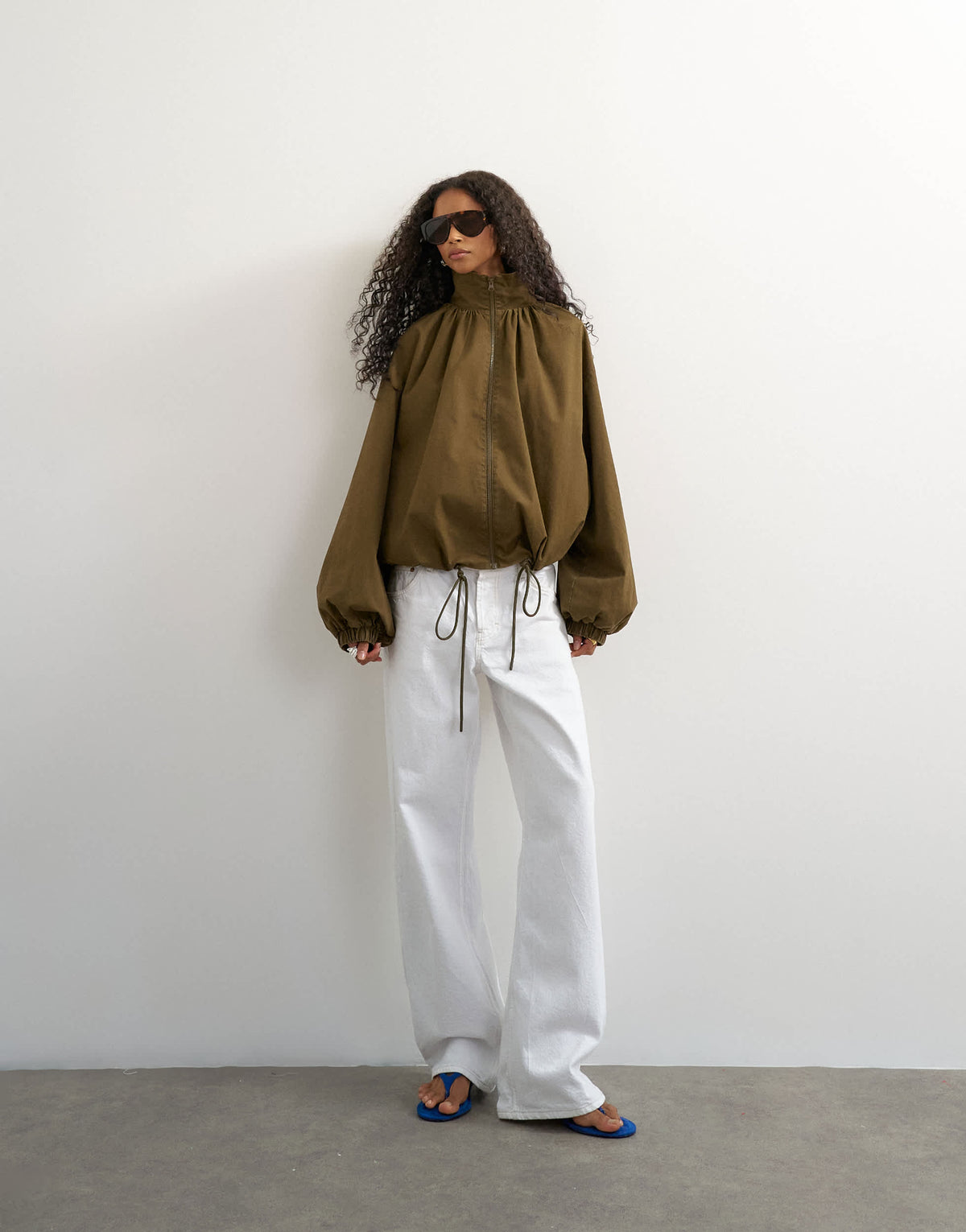 Topshop pleated funnel neck anorak in khaki