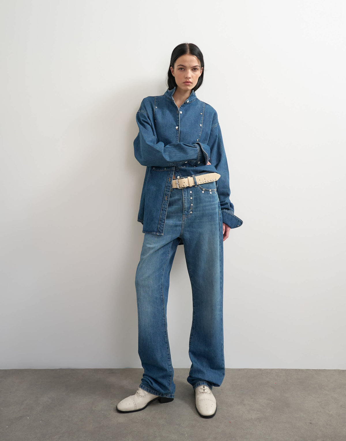 Topshop x Talia Byre wide placket studded shirt in washed blue