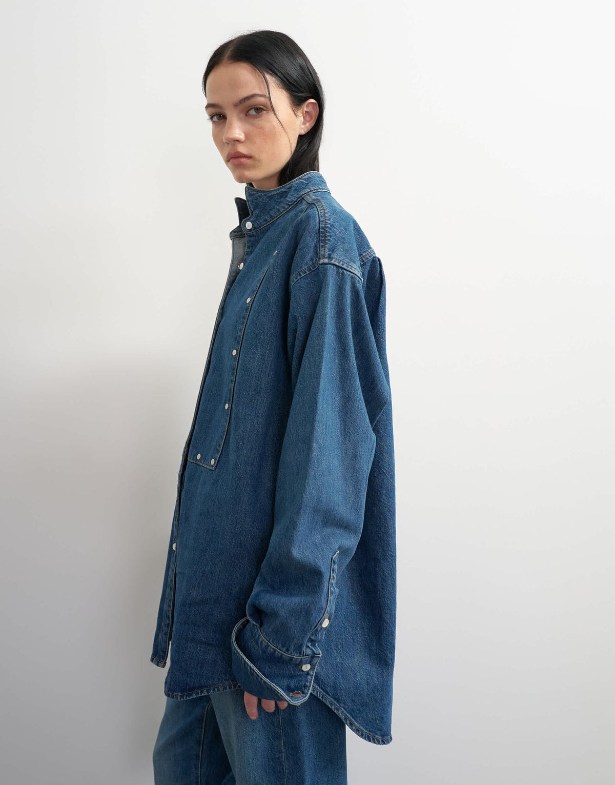 Topshop x Talia Byre wide placket studded shirt in washed blue