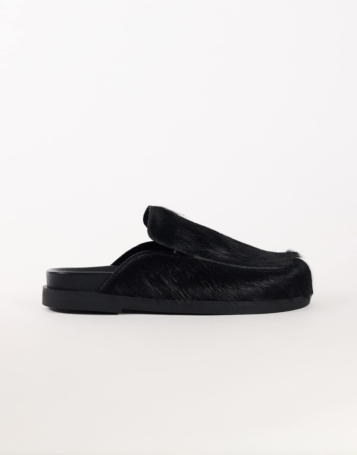Topshop Alexia long hair on real leather loafer mule in black