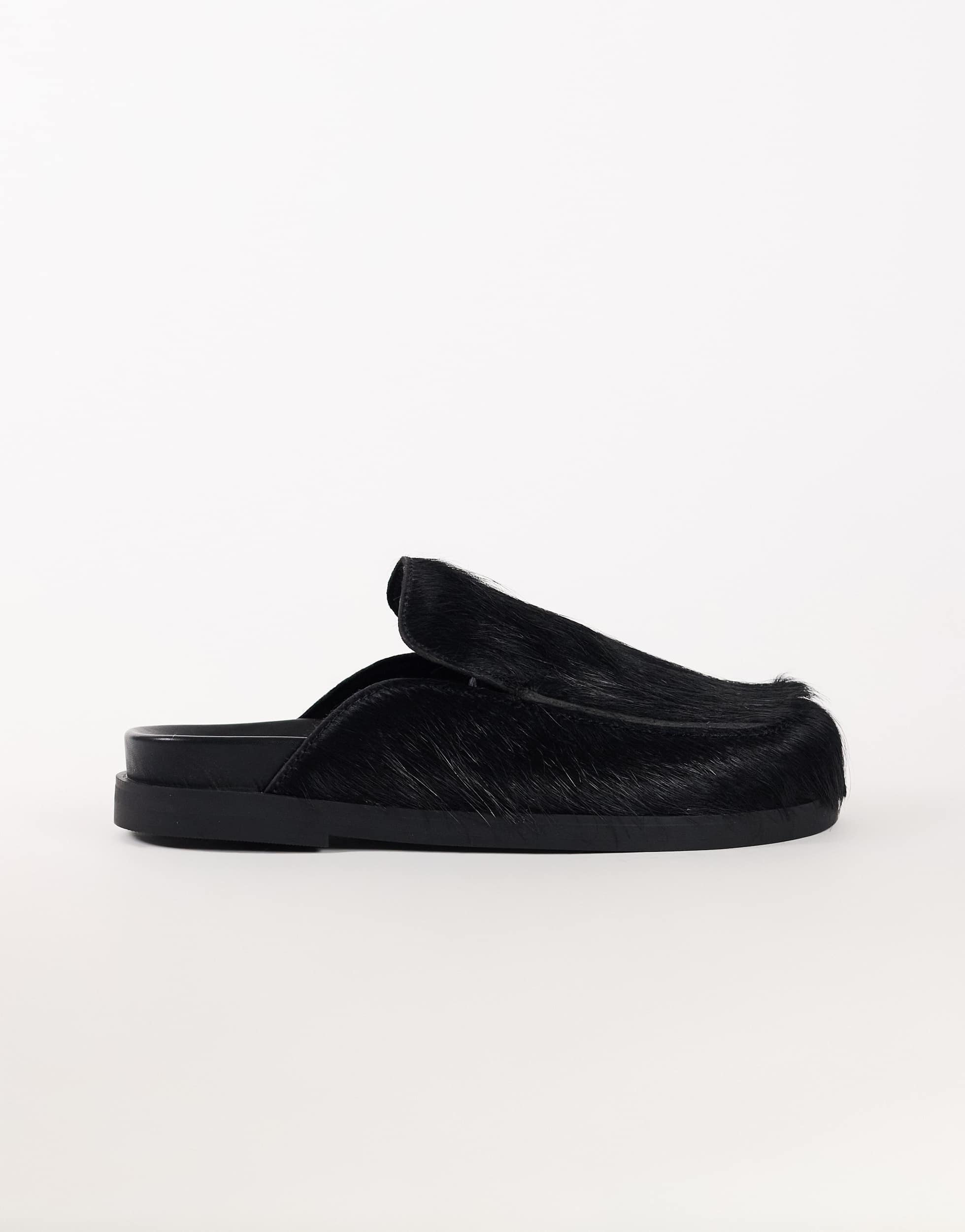 Topshop Alexia long hair on real leather loafer mule in black