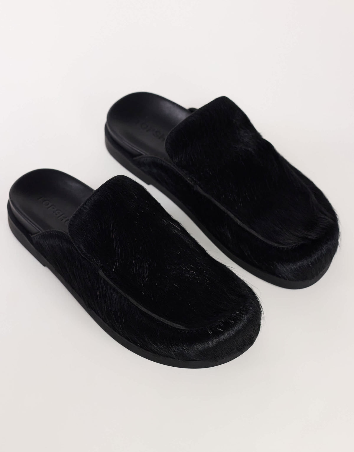 Topshop Alexia long hair on real leather loafer mule in black