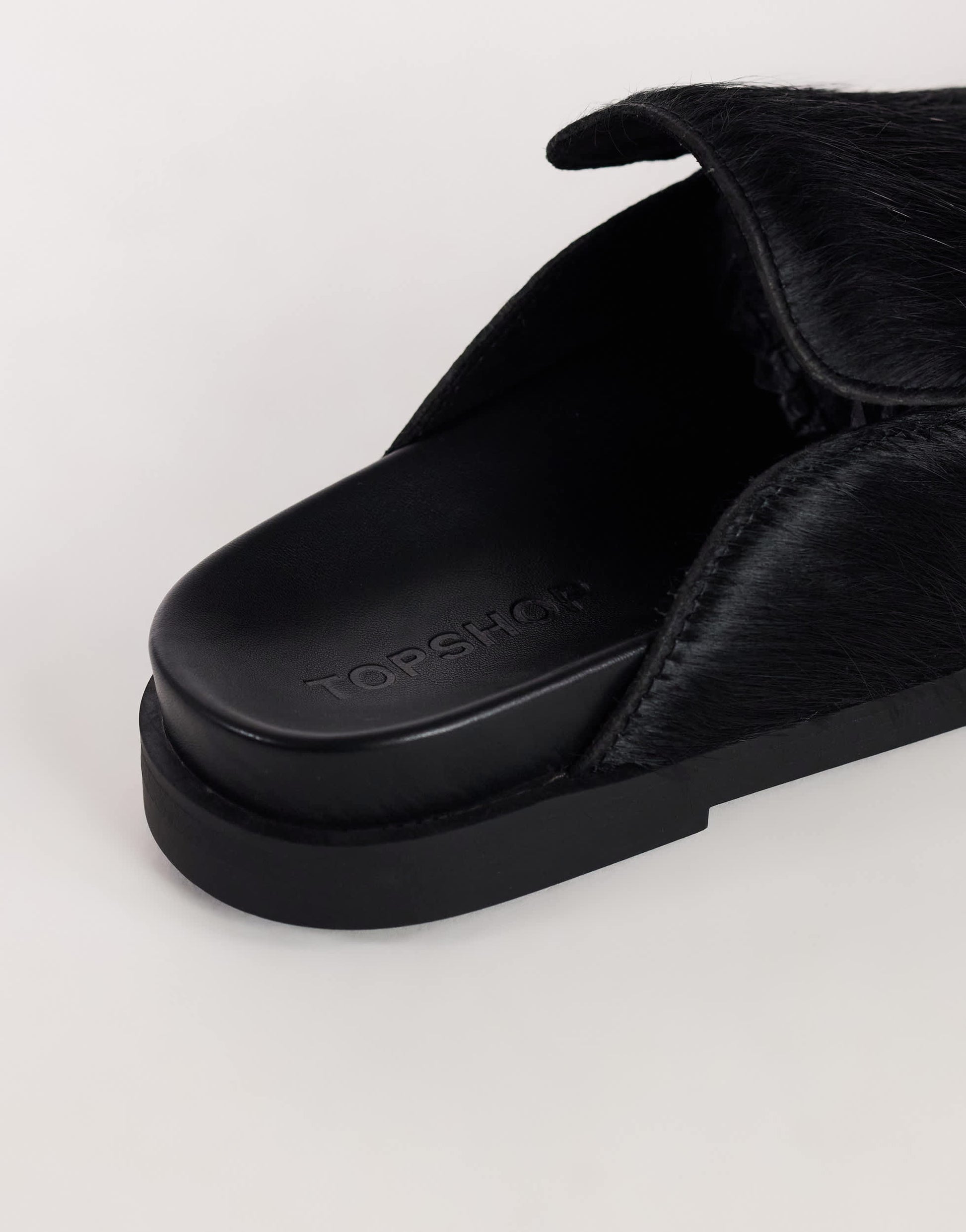 Topshop Alexia long hair on real leather loafer mule in black