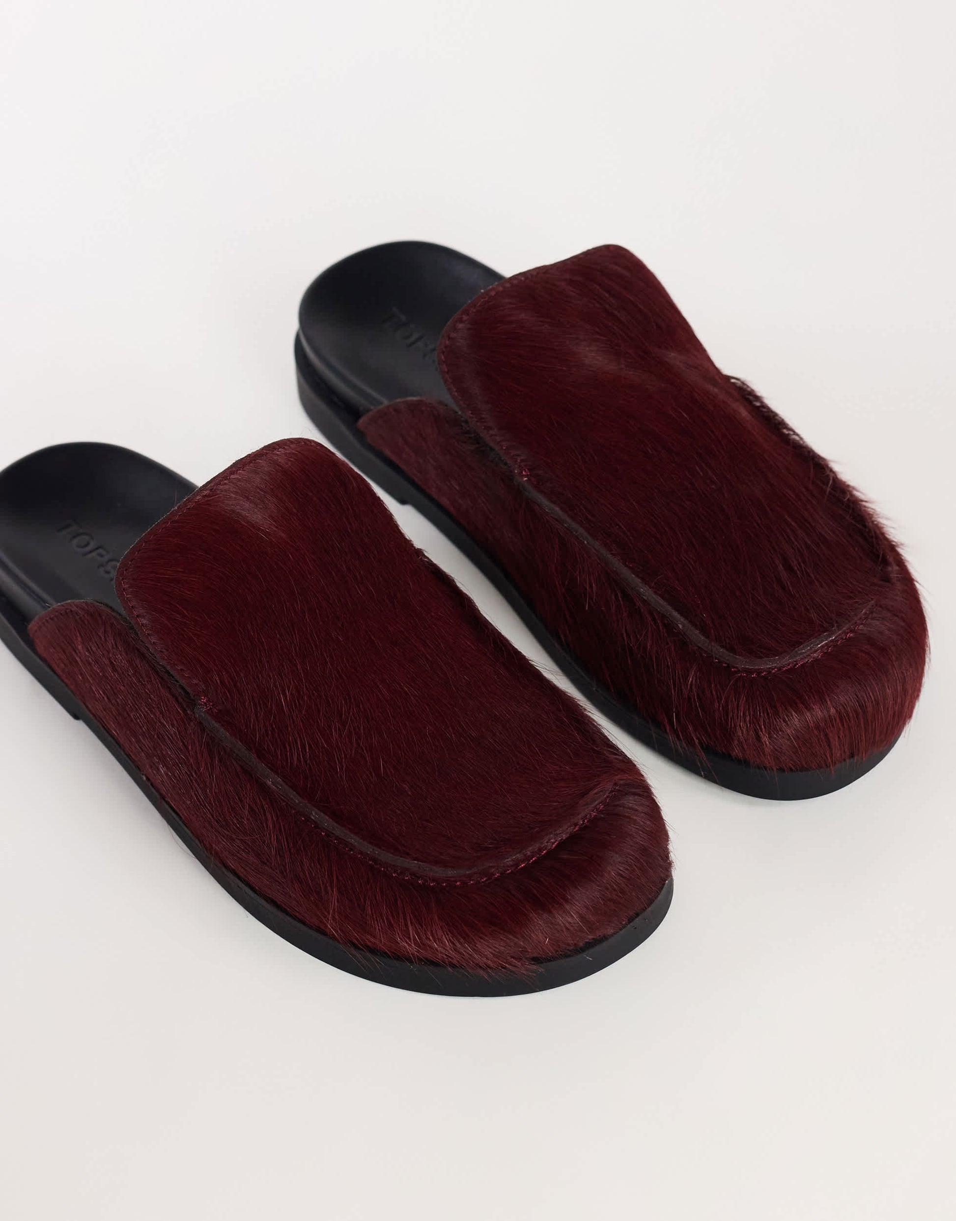 Topshop Alexia long hair on real leather loafer mule in merlot