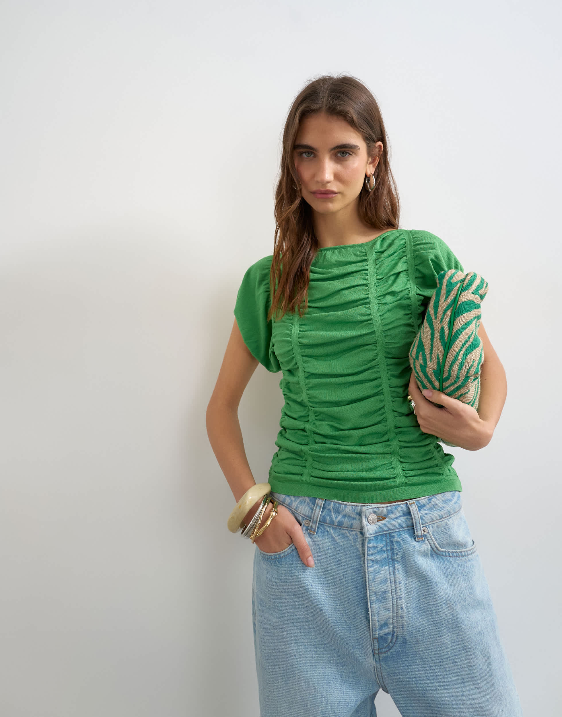 Topshop knitted gathered detail cap sleeve top in green