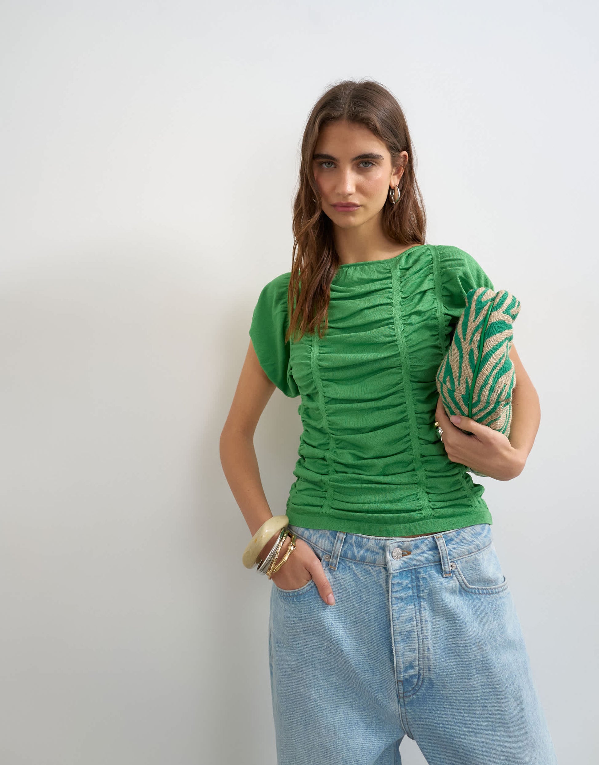 Topshop knitted gathered detail cap sleeve top in green