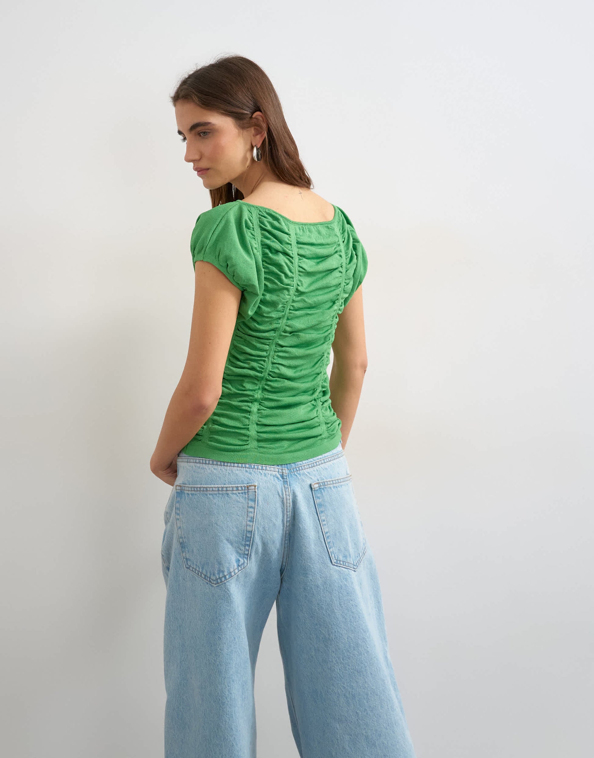 Topshop knitted gathered detail cap sleeve top in green