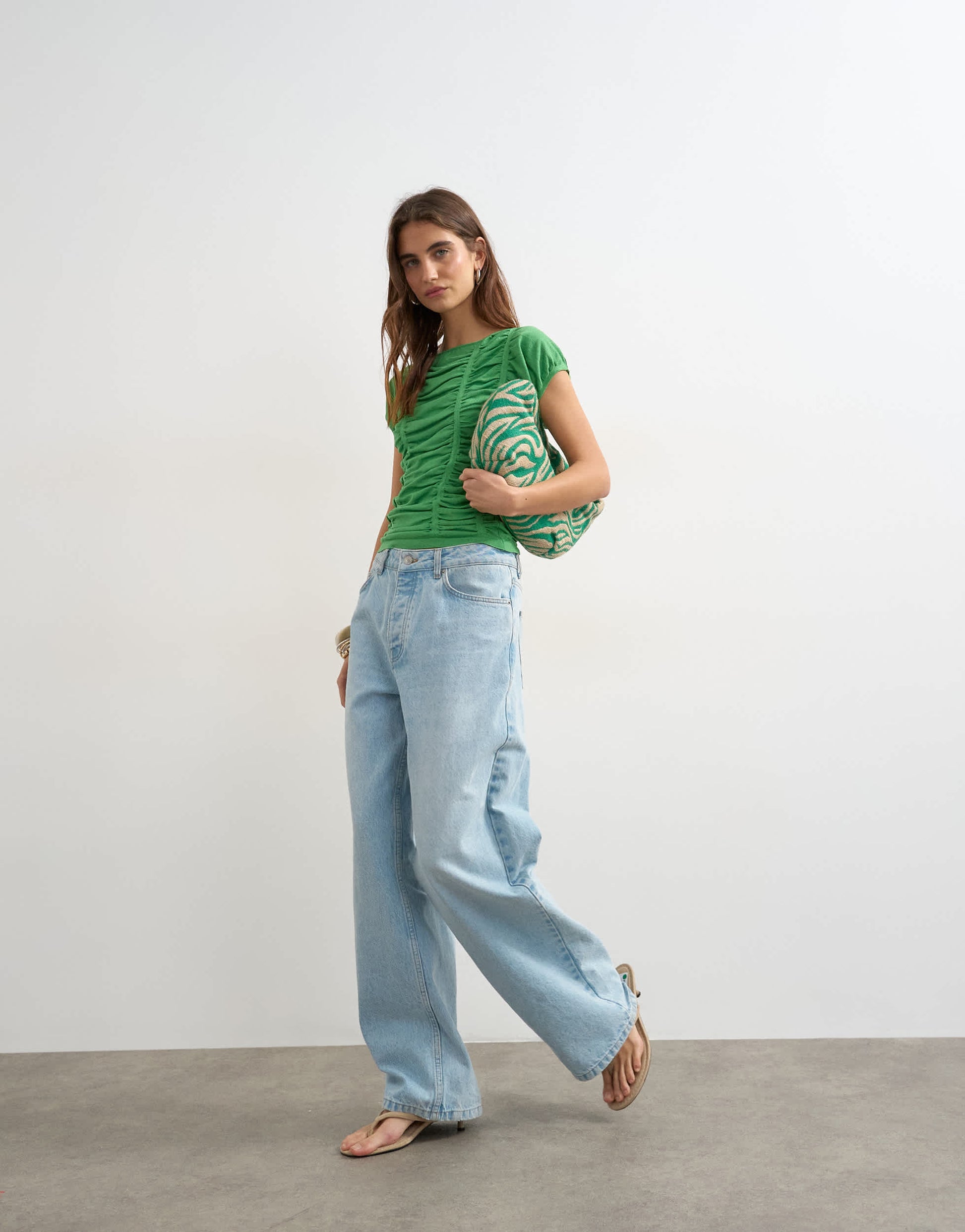 Topshop knitted gathered detail cap sleeve top in green