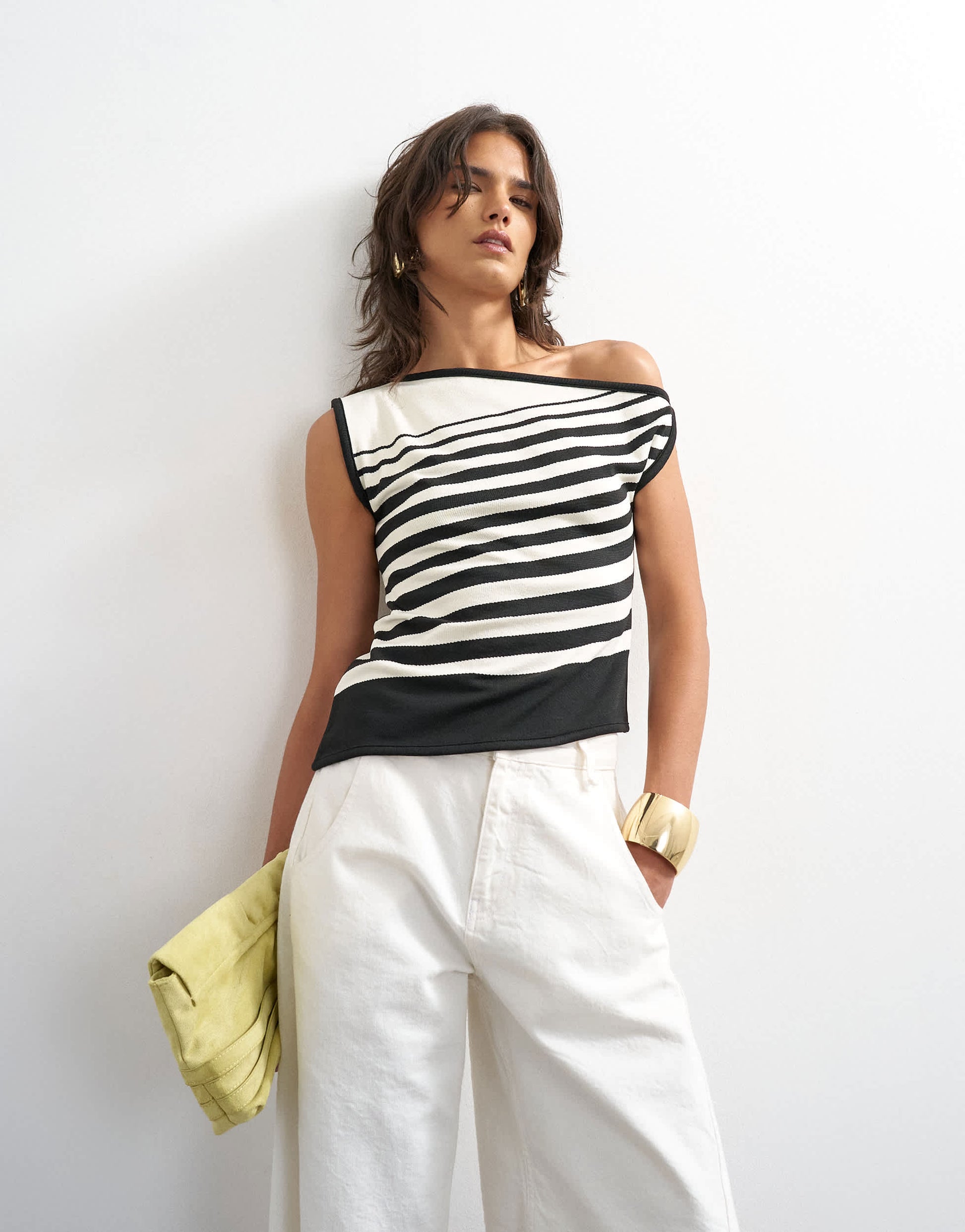 Topshop knitted tie shoulder asymmetric top in black and ecru