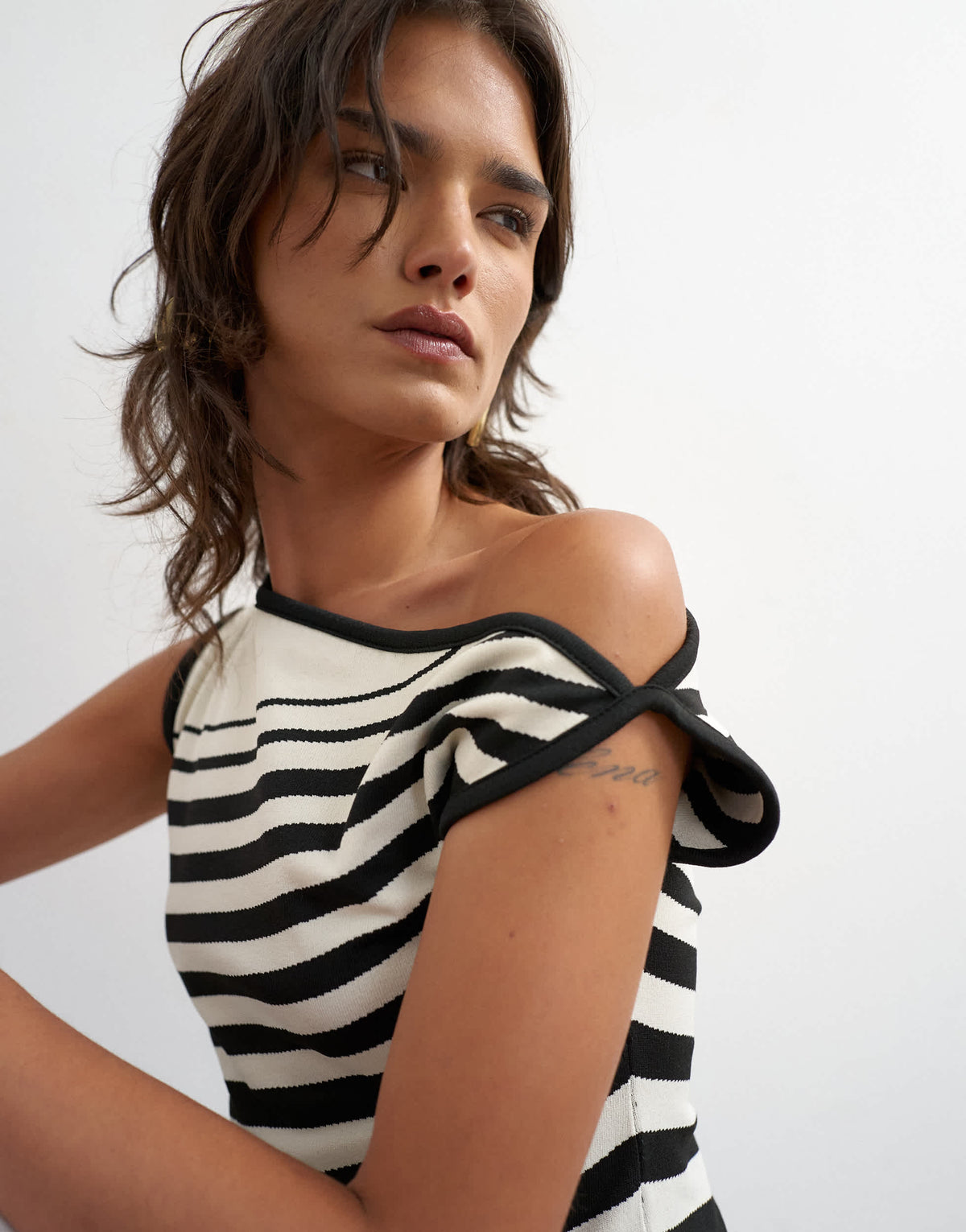 Topshop knitted tie shoulder asymmetric top in black and ecru