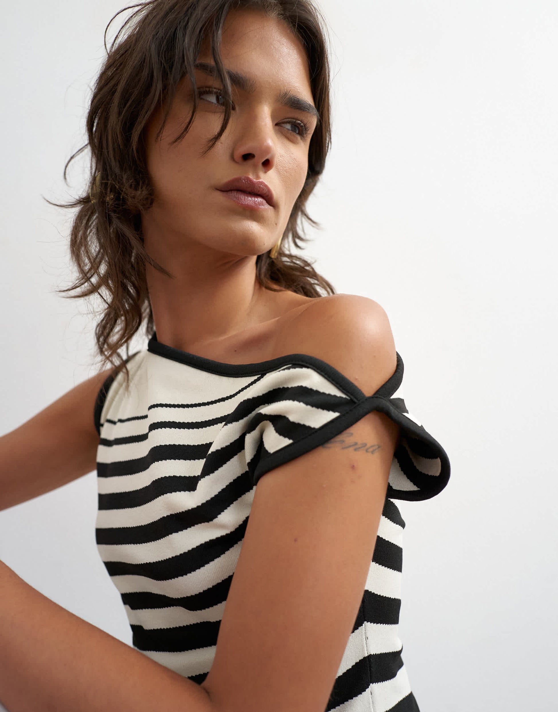 Topshop knitted tie shoulder asymmetric top in black and ecru