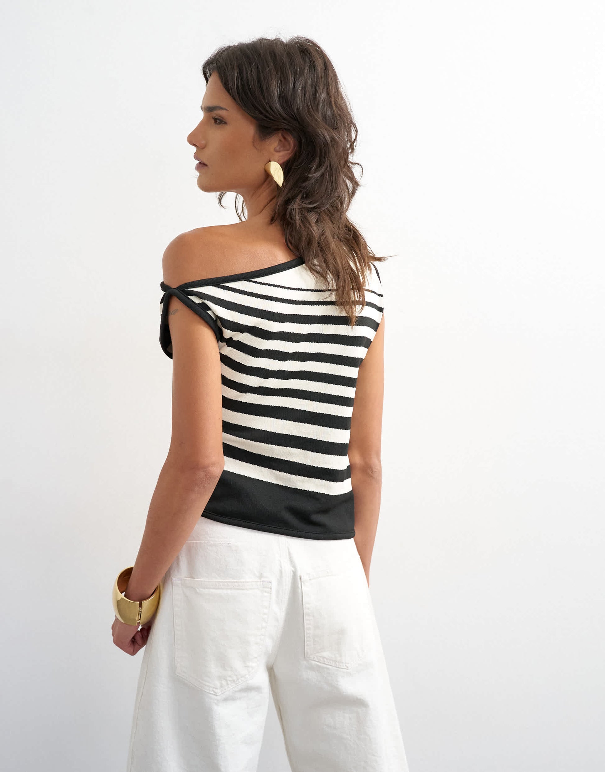 Topshop knitted tie shoulder asymmetric top in black and ecru