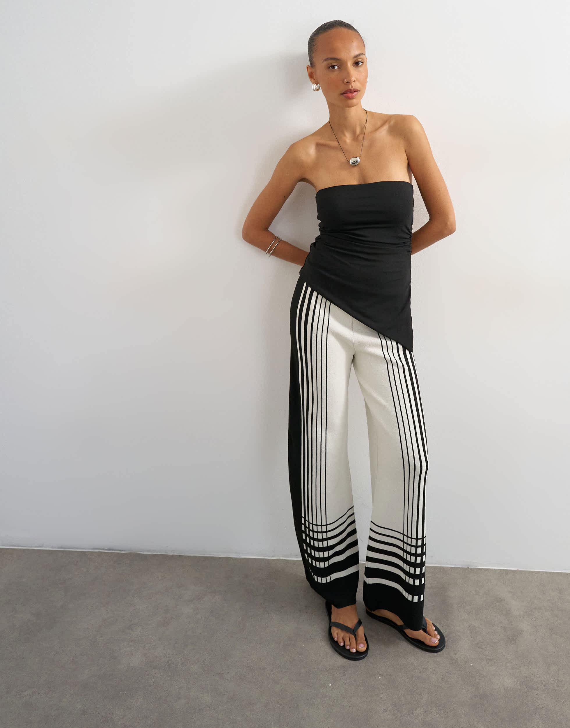 Topshop knitted wide leg trouser in black and ecru