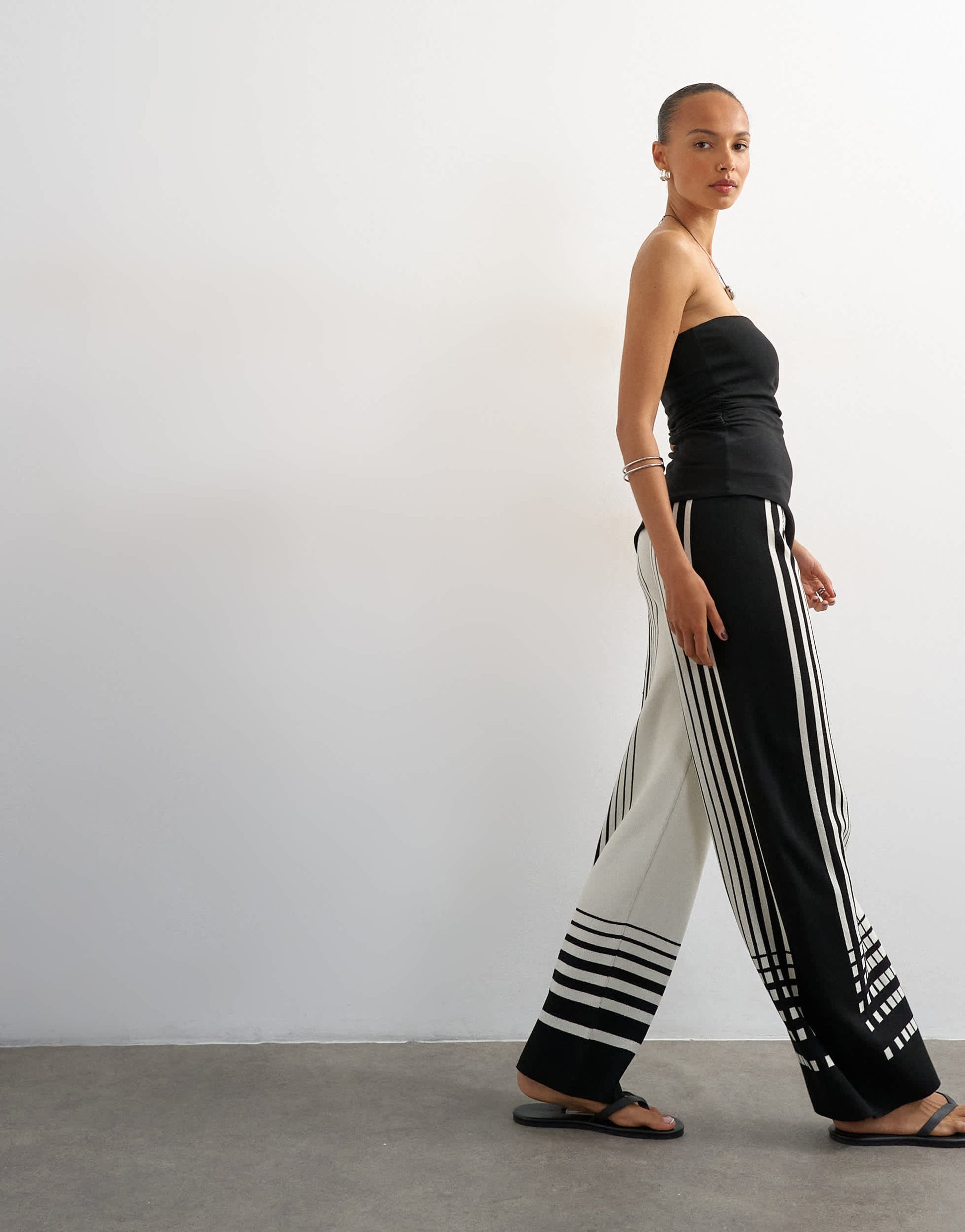 Topshop knitted wide leg trouser in black and ecru