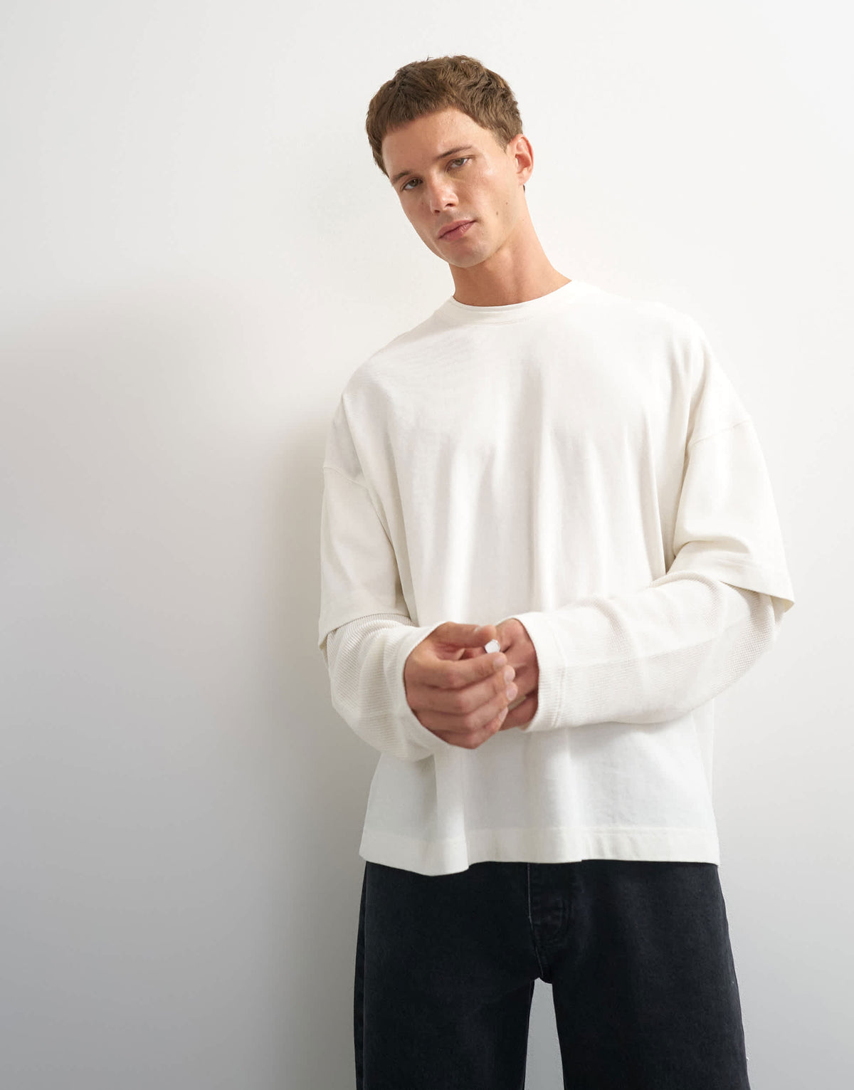 Topman relaxed fit layered t-shirt with waffle sleeve in ecru