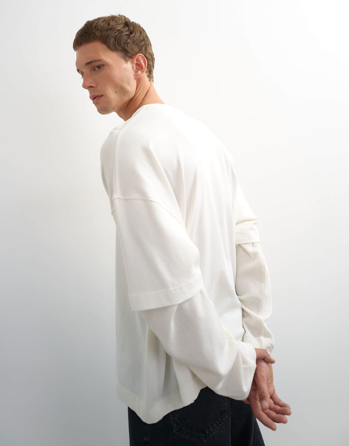 Topman relaxed fit layered t-shirt with waffle sleeve in ecru