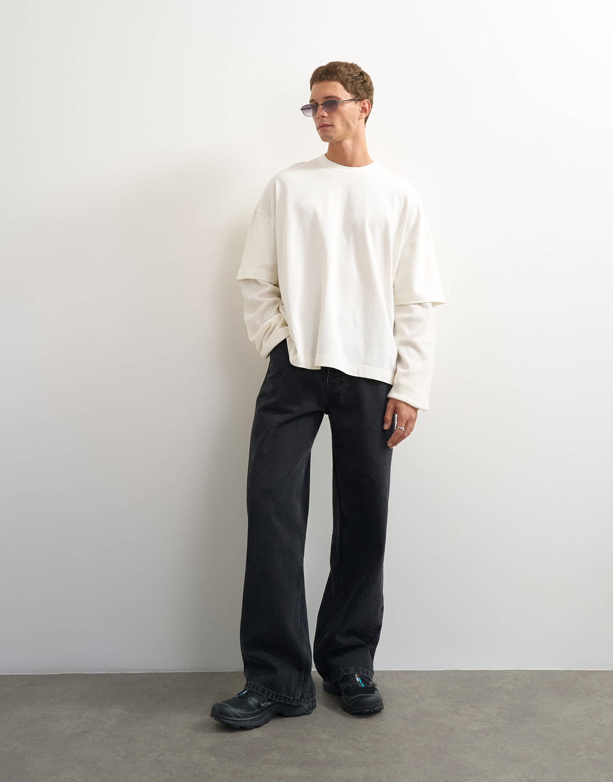 Topman relaxed fit layered t-shirt with waffle sleeve in ecru