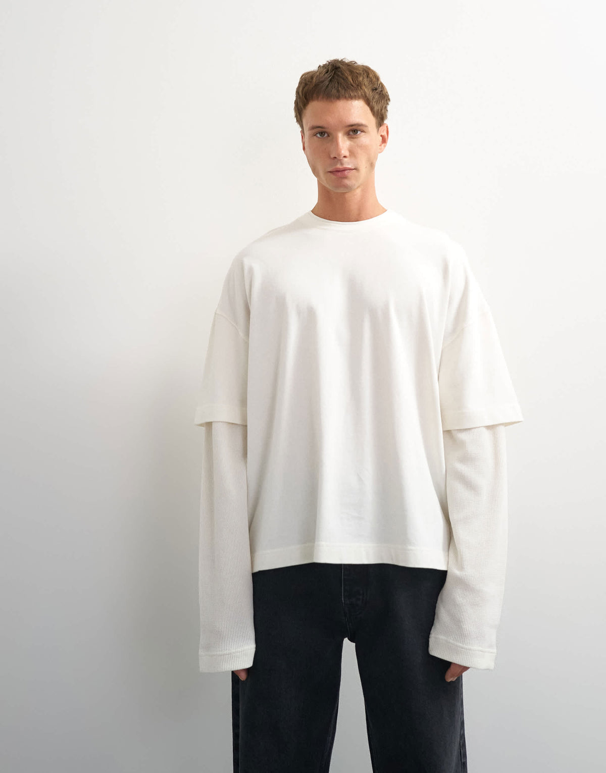 Topman relaxed fit layered t-shirt with waffle sleeve in ecru