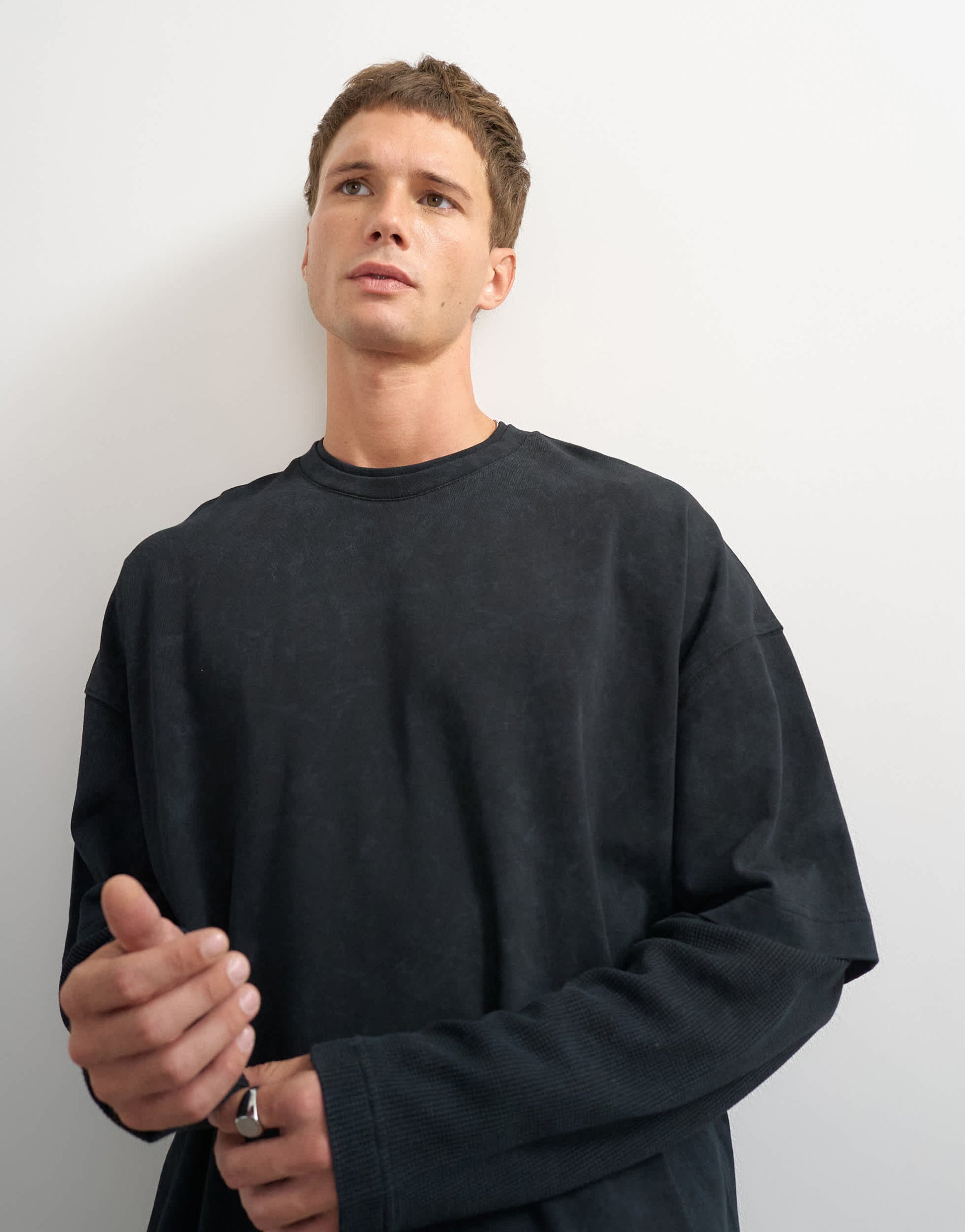 Topman relaxed fit layered t-shirt with waffle sleeve in washed black