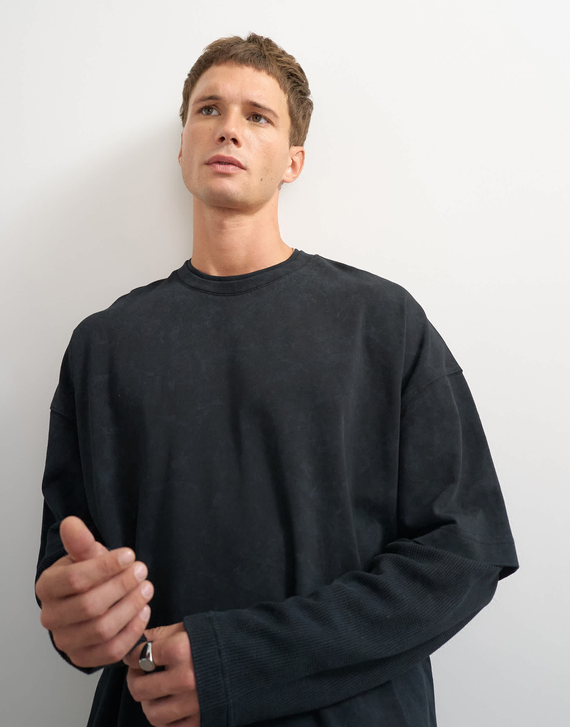 Topman relaxed fit layered t-shirt with waffle sleeve in washed black