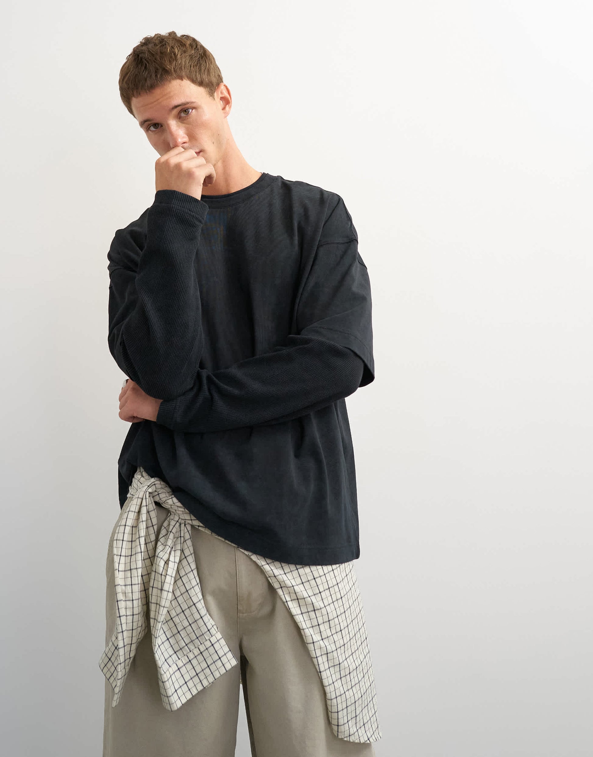 Topman relaxed fit layered t-shirt with waffle sleeve in washed black