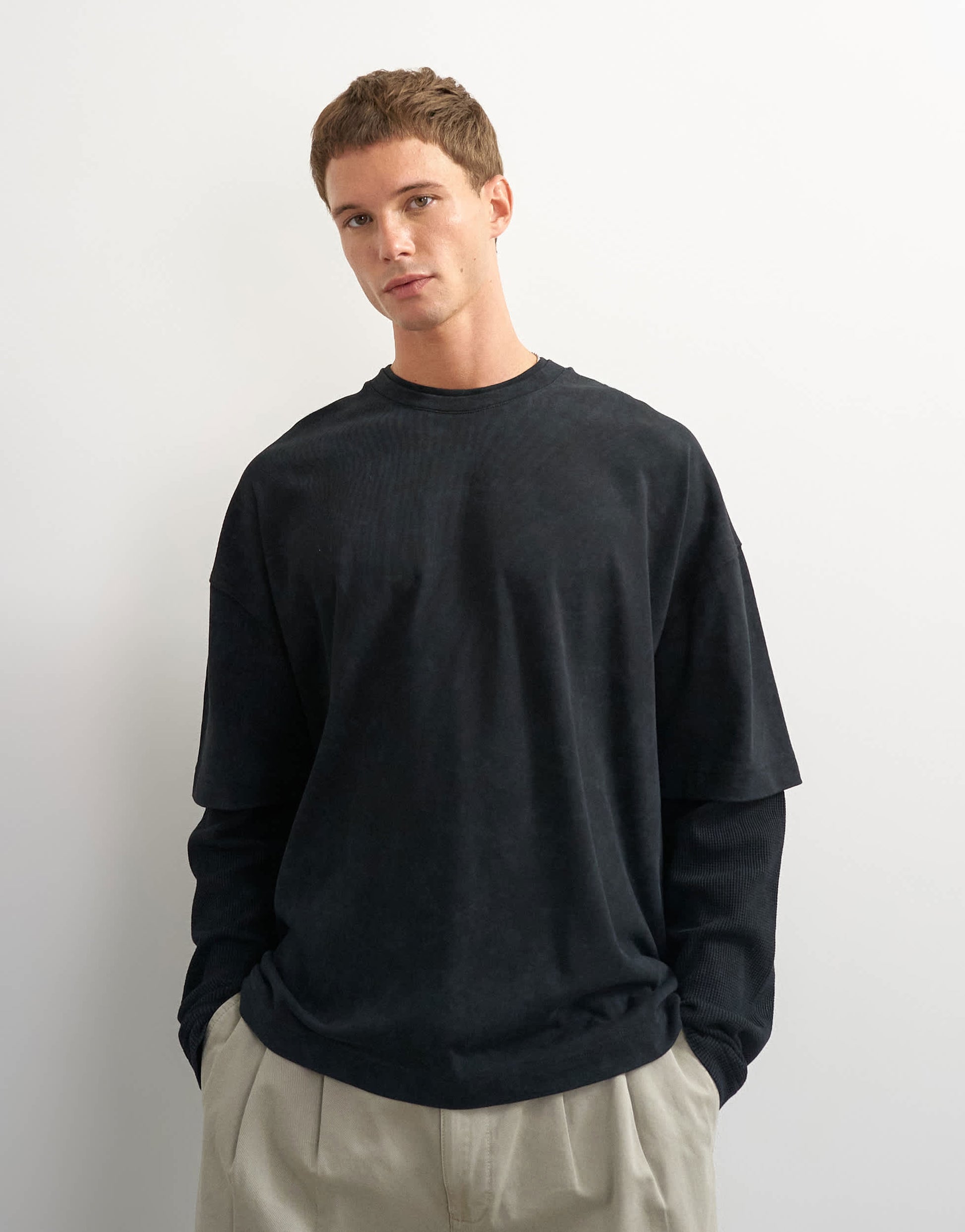 Topman relaxed fit layered t-shirt with waffle sleeve in washed black
