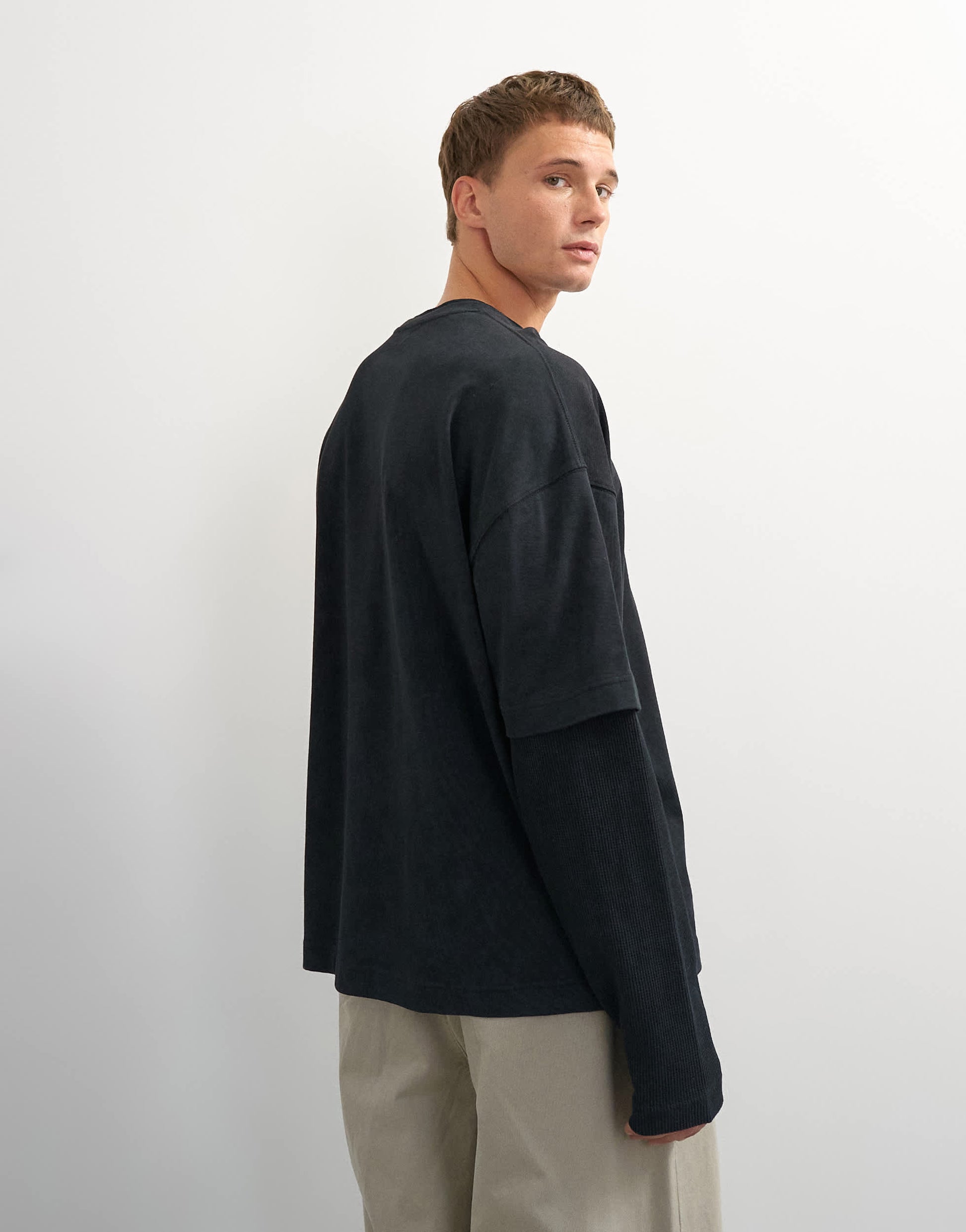 Topman relaxed fit layered t-shirt with waffle sleeve in washed black