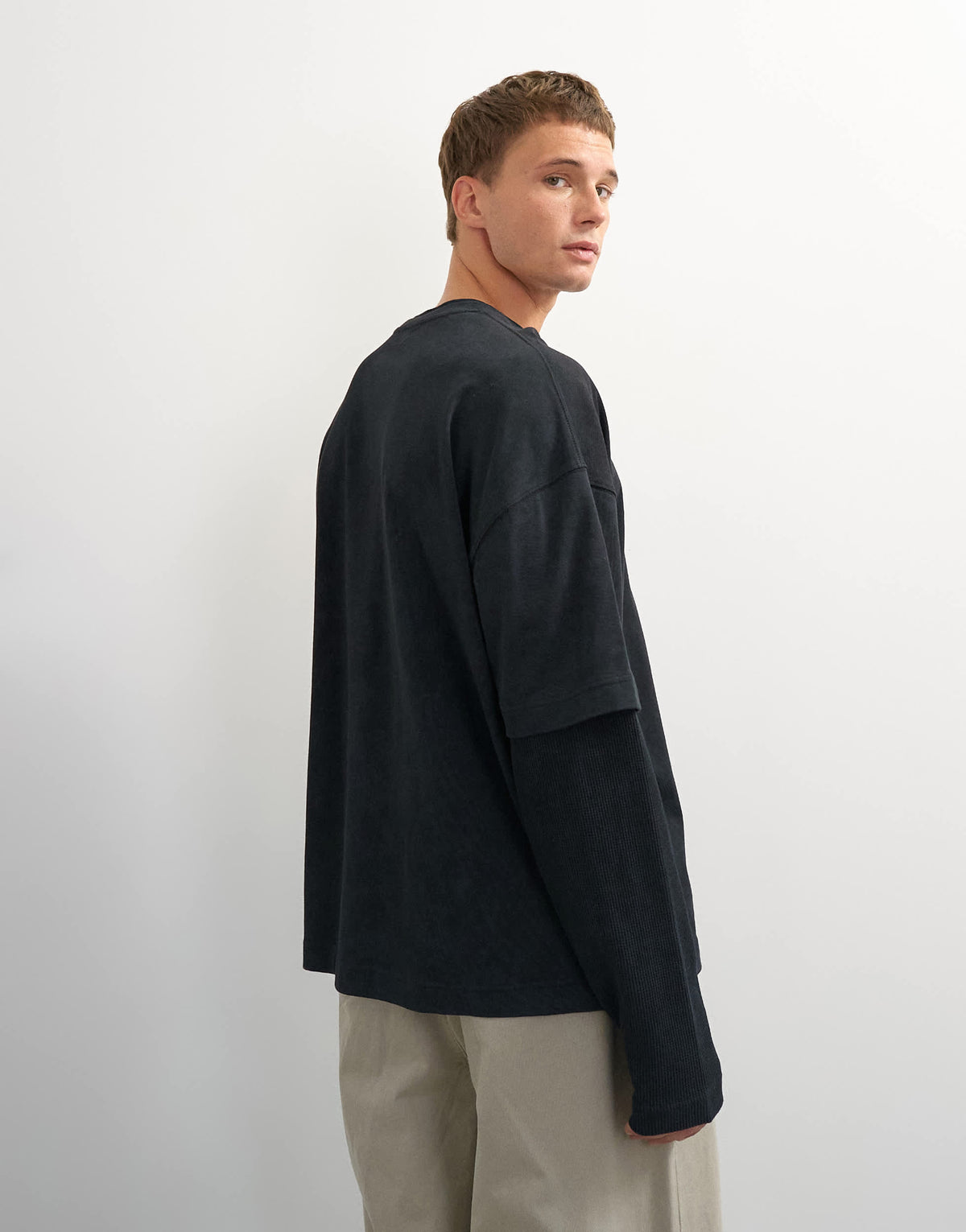 Topman relaxed fit layered t-shirt with waffle sleeve in washed black