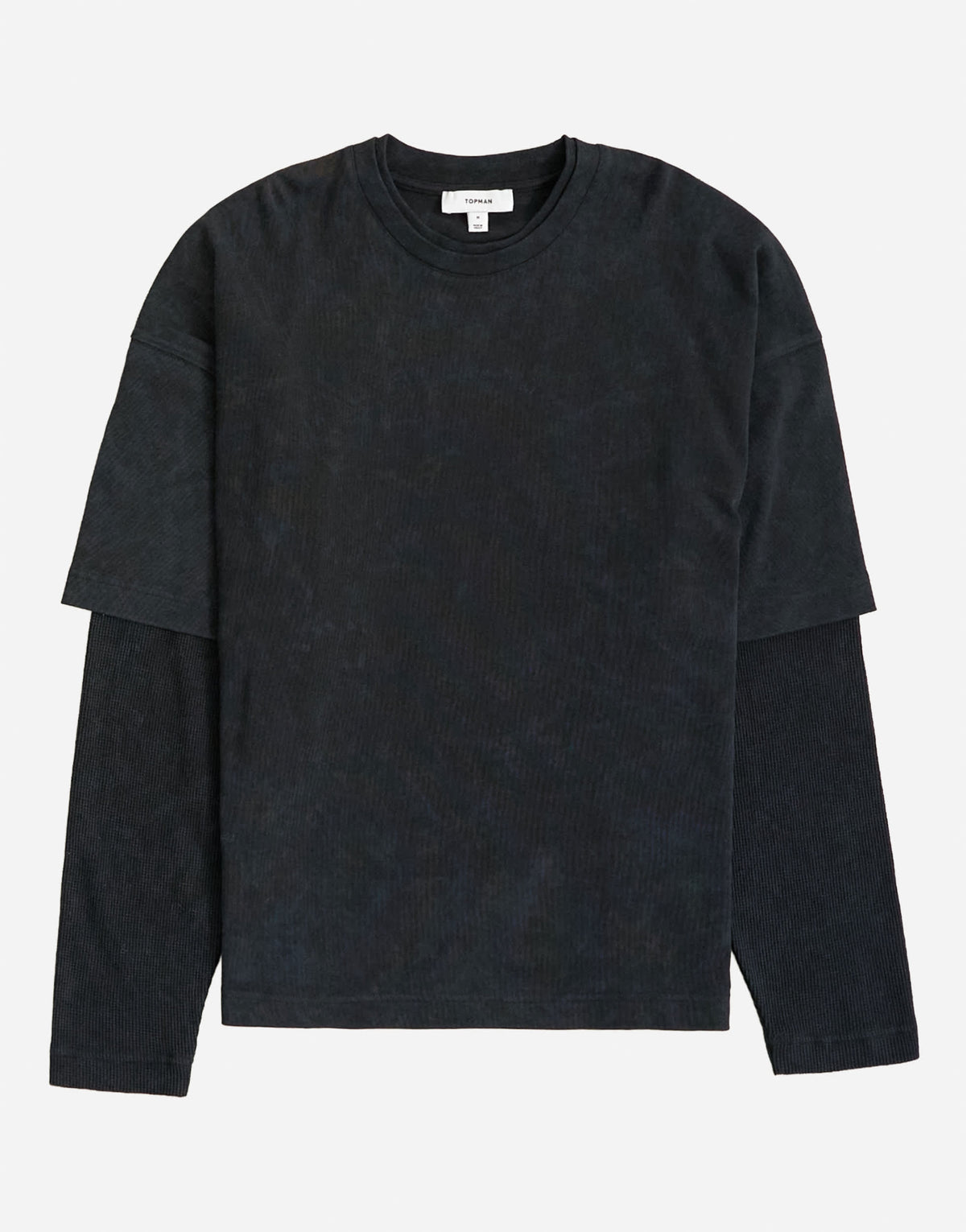 Topman relaxed fit layered t-shirt with waffle sleeve in washed black
