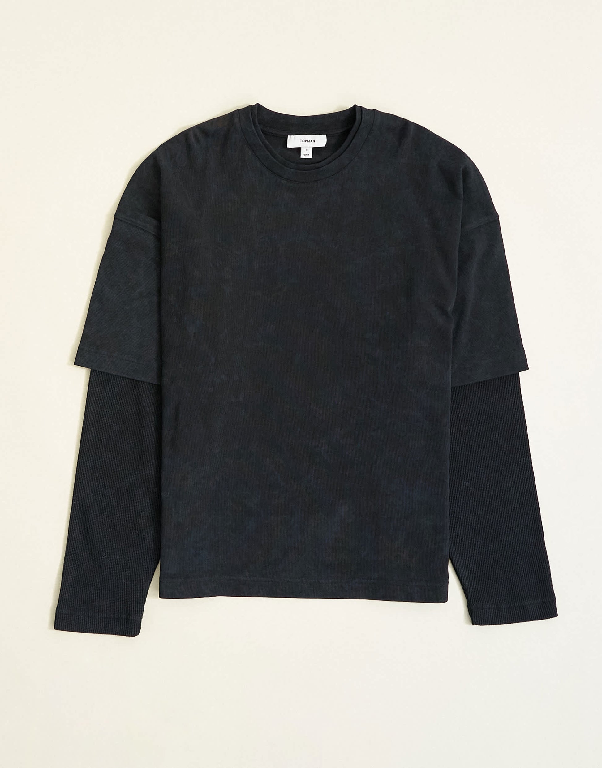 Topman relaxed fit layered t-shirt with waffle sleeve in washed black