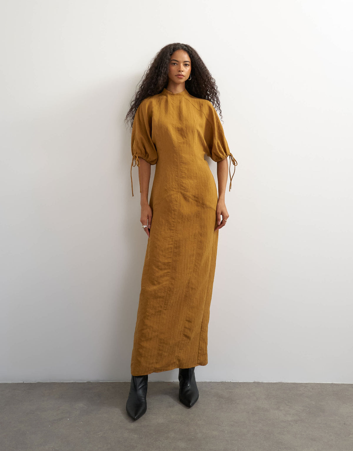 Topshop high neck maxi dress with puff toggle sleeve in brown woven stripe