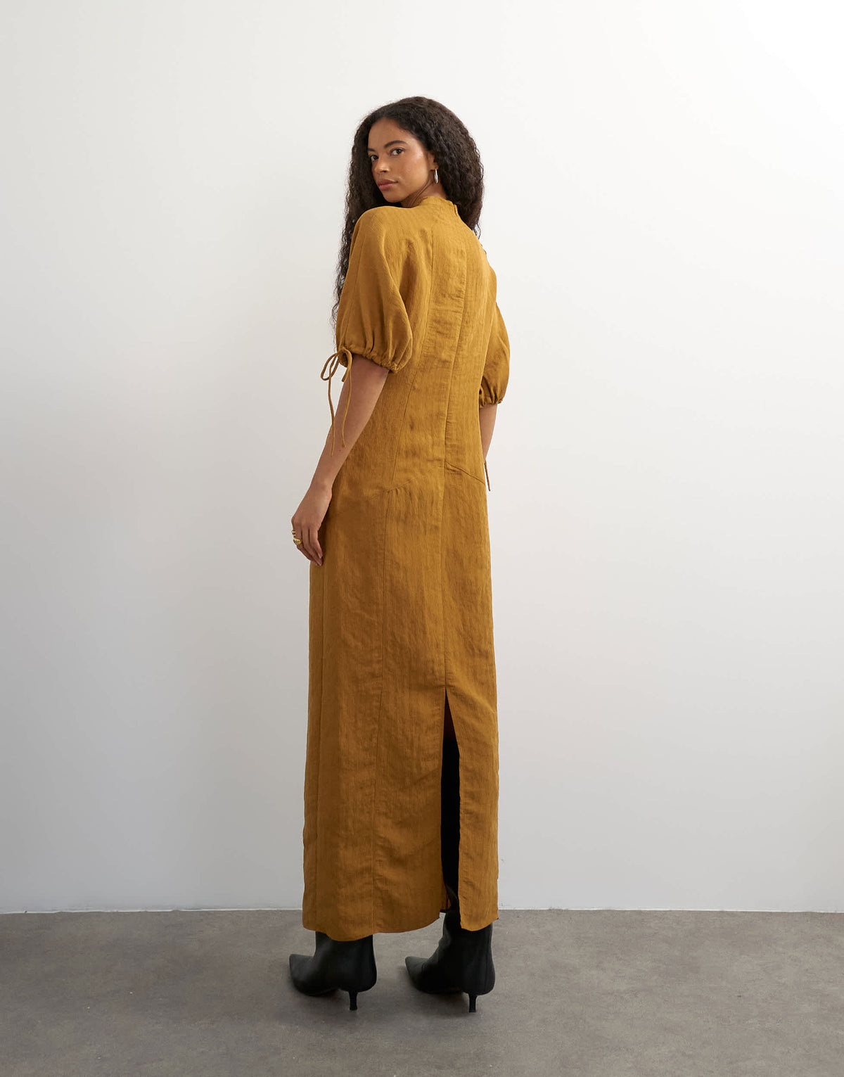 Topshop high neck maxi dress with puff toggle sleeve in brown woven stripe