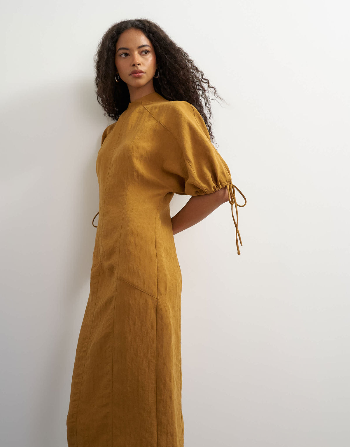 Topshop high neck maxi dress with puff toggle sleeve in brown woven stripe