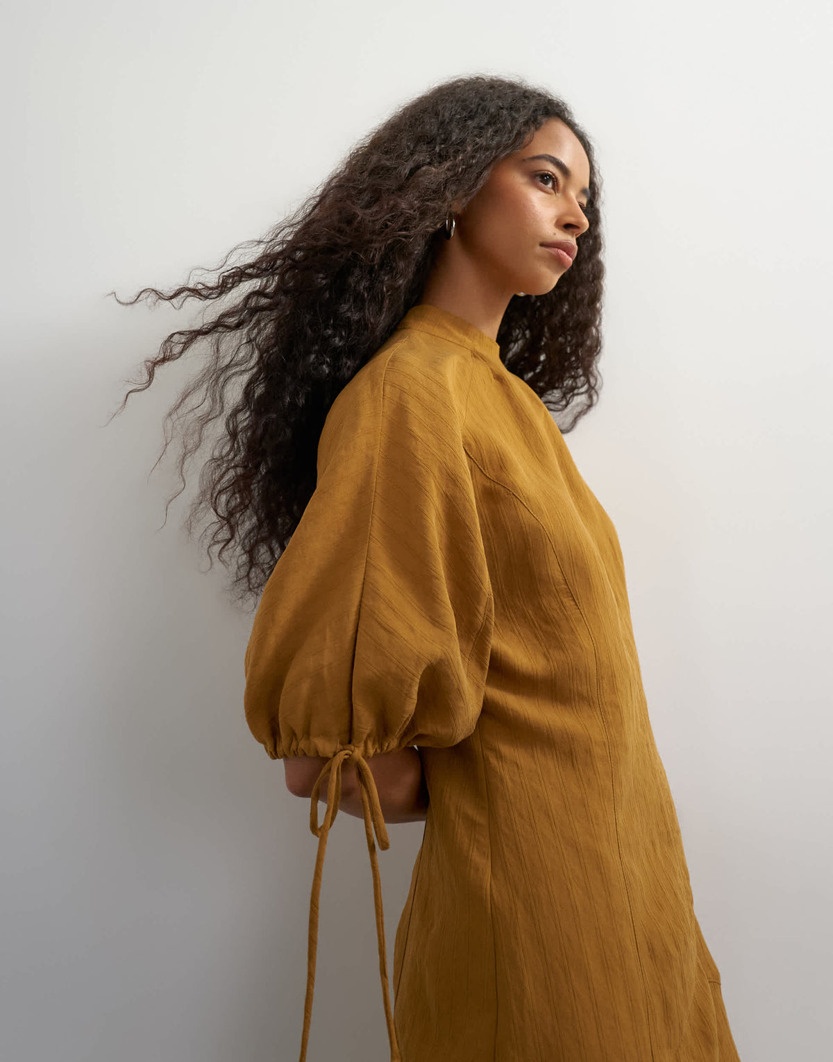 Topshop high neck maxi dress with puff toggle sleeve in brown woven stripe
