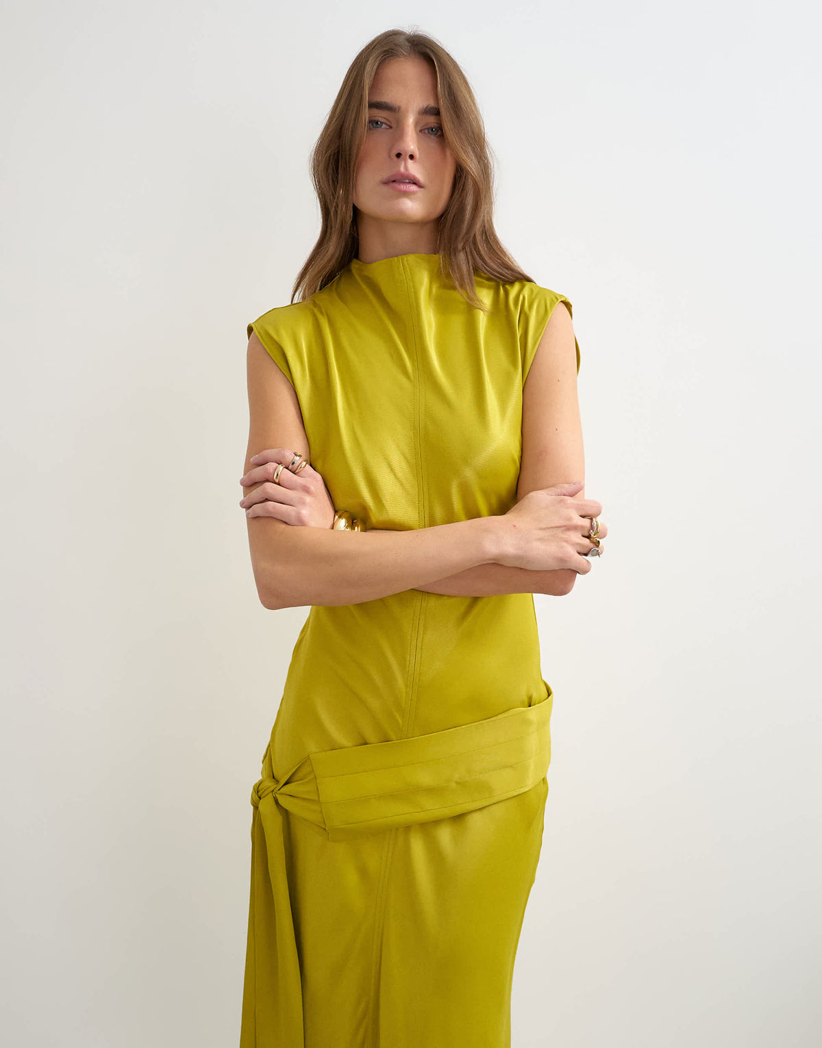 Topshop satin grown on neck dropped waist sash maxi dress in golden olive