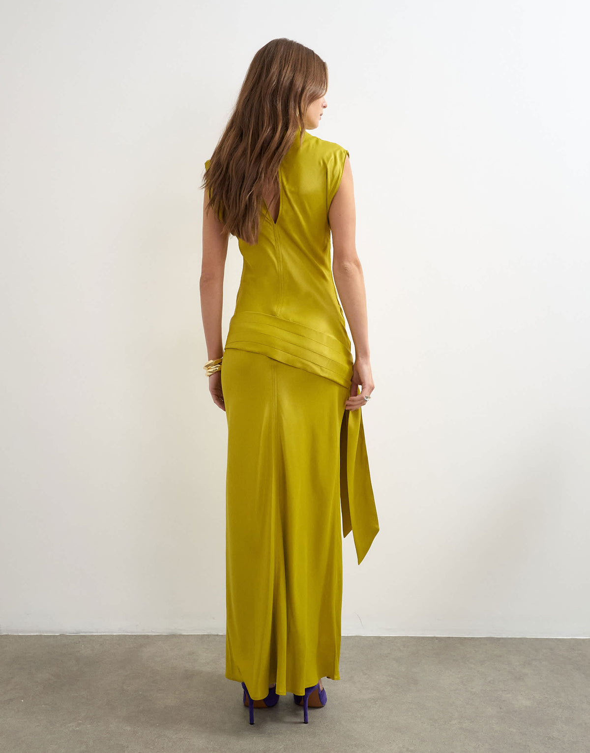 Topshop satin grown on neck dropped waist sash maxi dress in golden olive