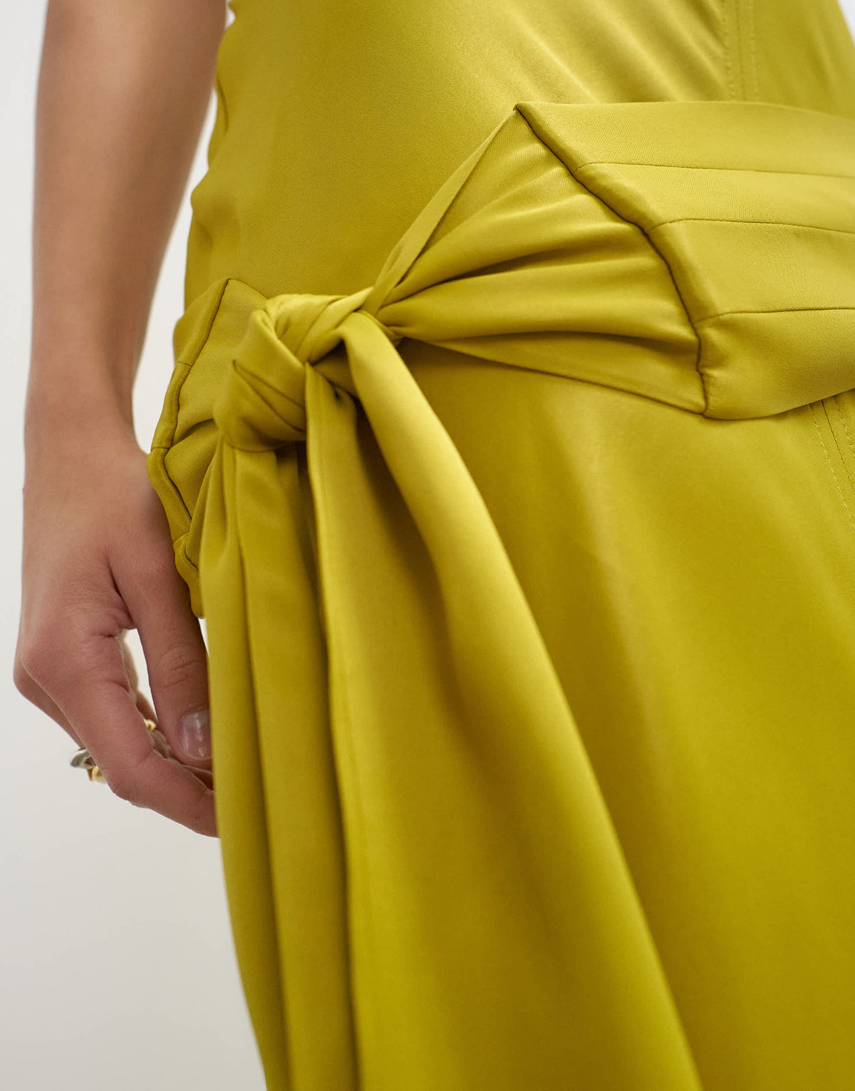Topshop satin grown on neck dropped waist sash maxi dress in golden olive
