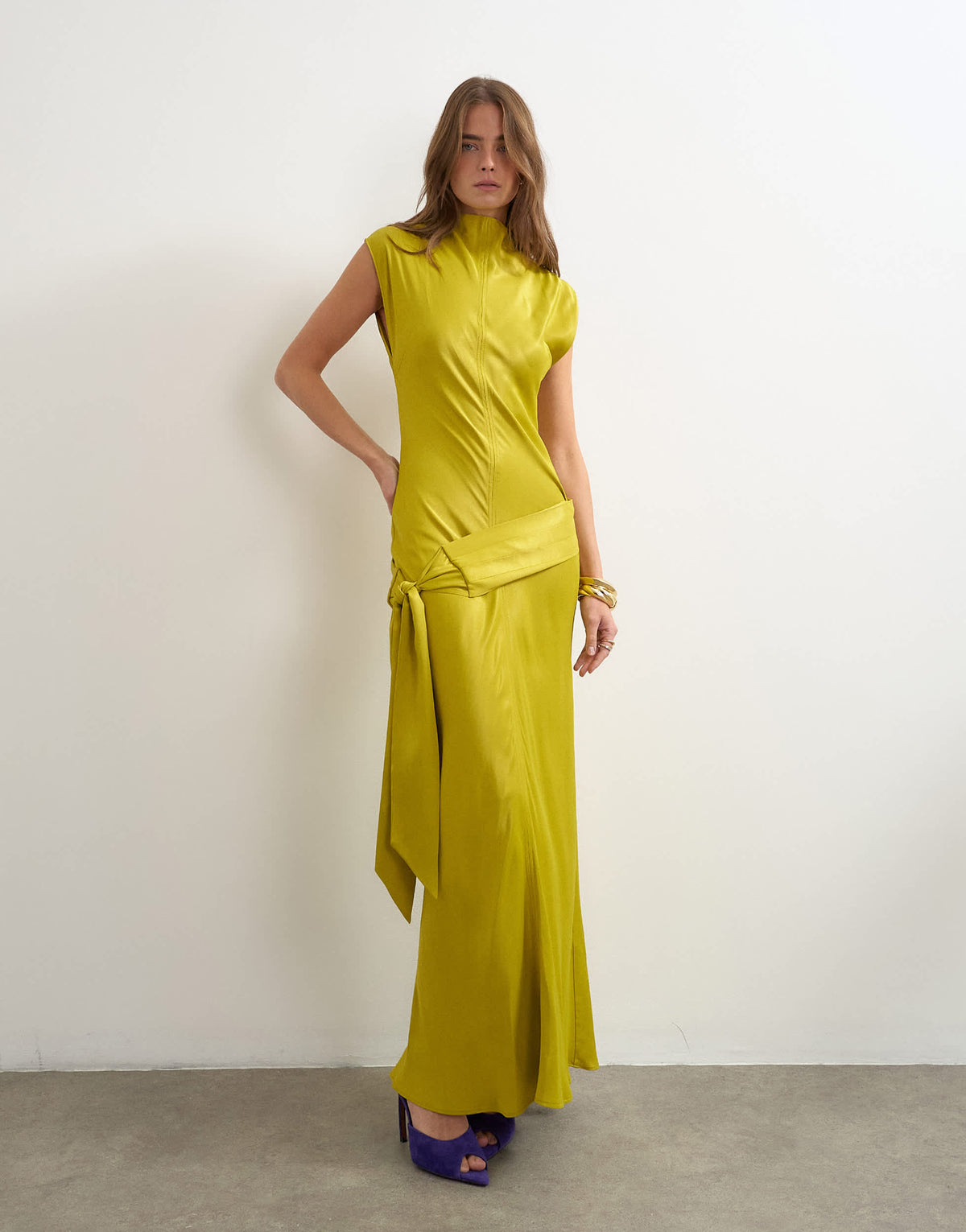 Topshop satin grown on neck dropped waist sash maxi dress in golden olive